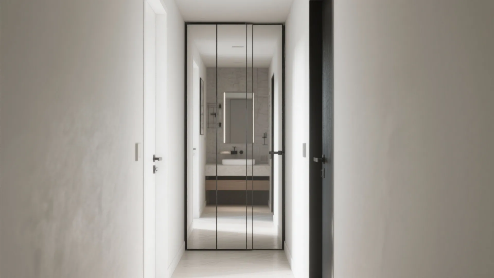 Bright hallway featuring a full height mirrored sliding door reflecting a clean modern bathroom interior