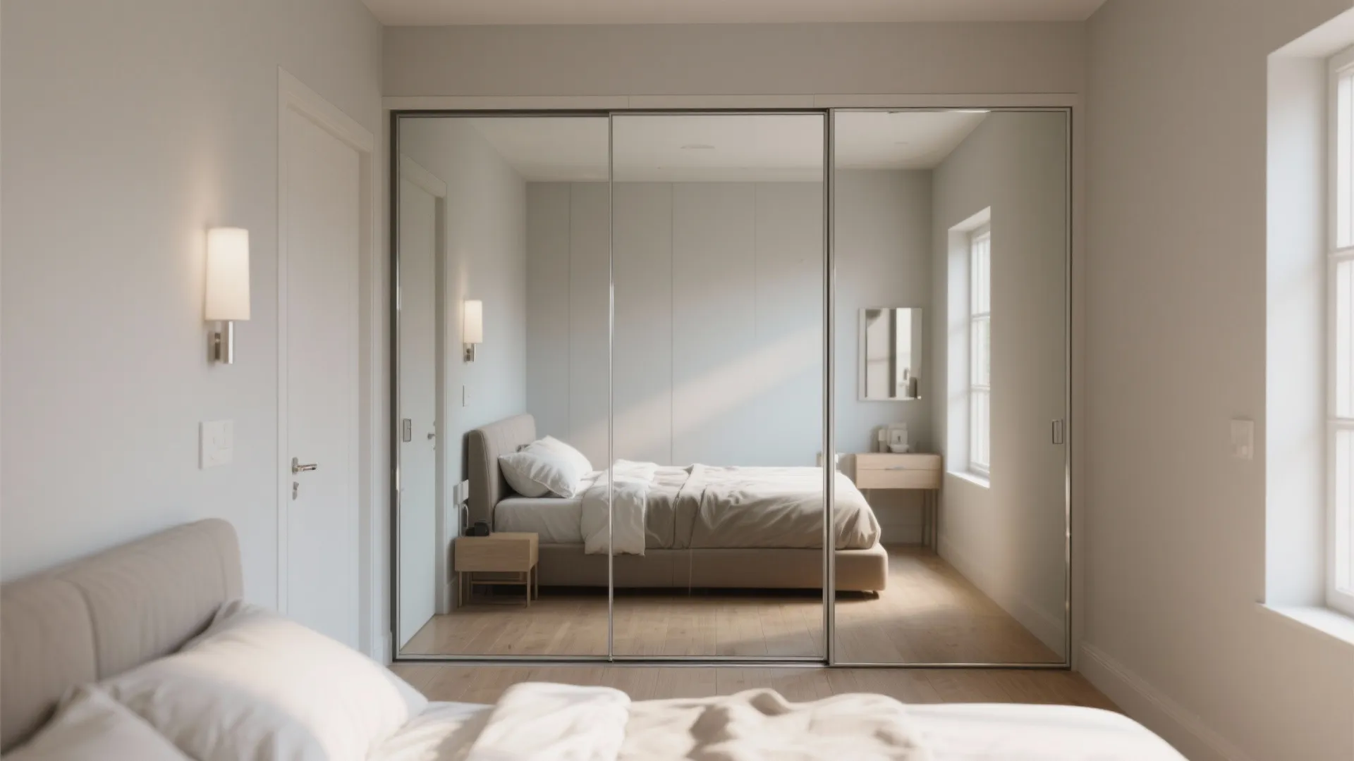 Modern bedroom featuring a large sliding mirror closet reflecting a soft bed and neutral walls