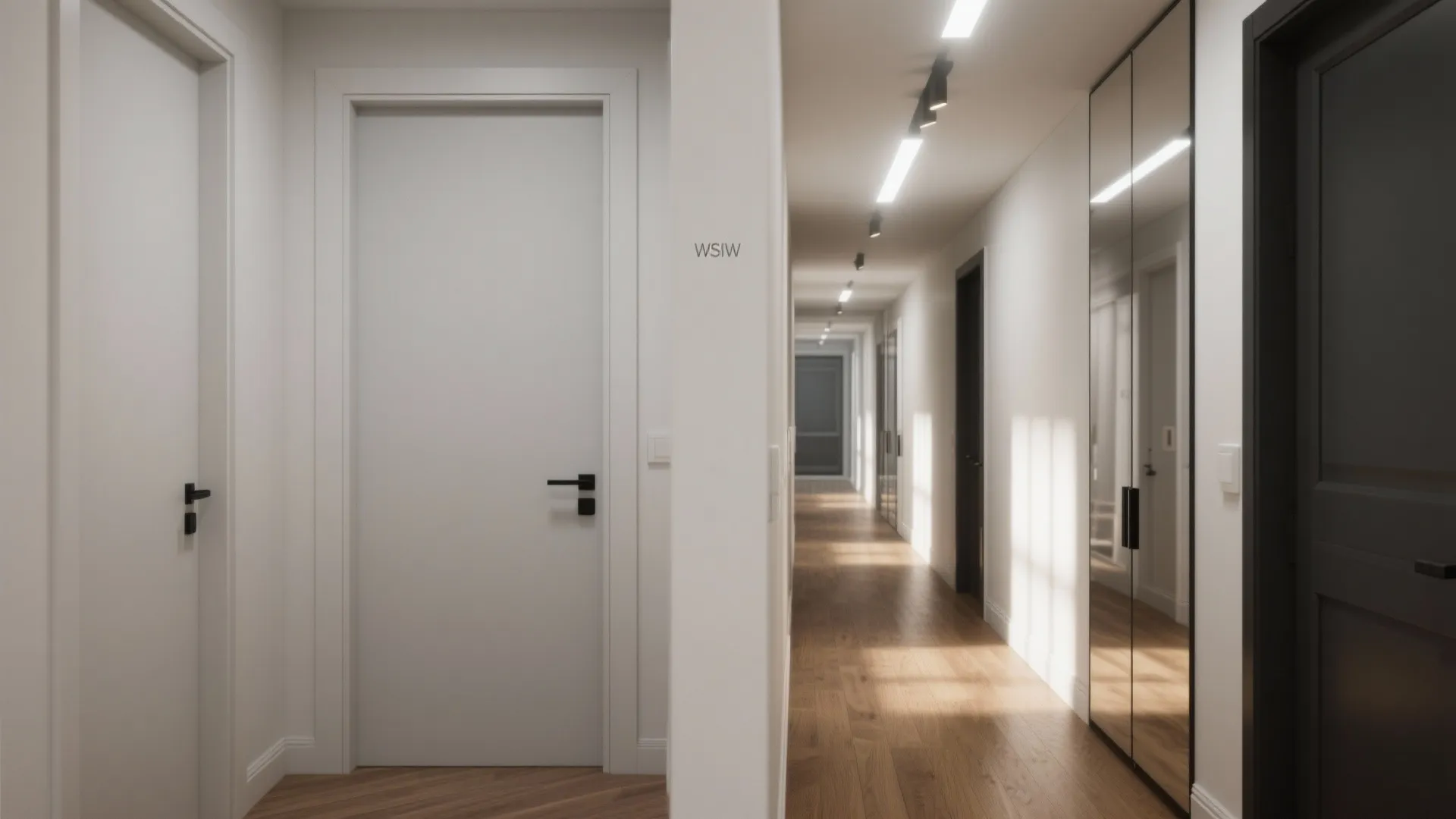 Bright hallway interior featuring white walls wooden flooring and large mirror doors on storage cabinets