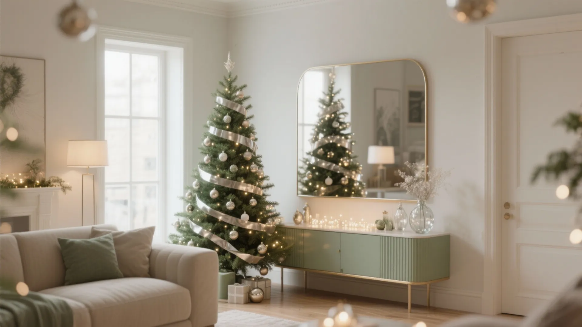 Elegant living room featuring a decorated Christmas tree reflected in a large gold wall mirror