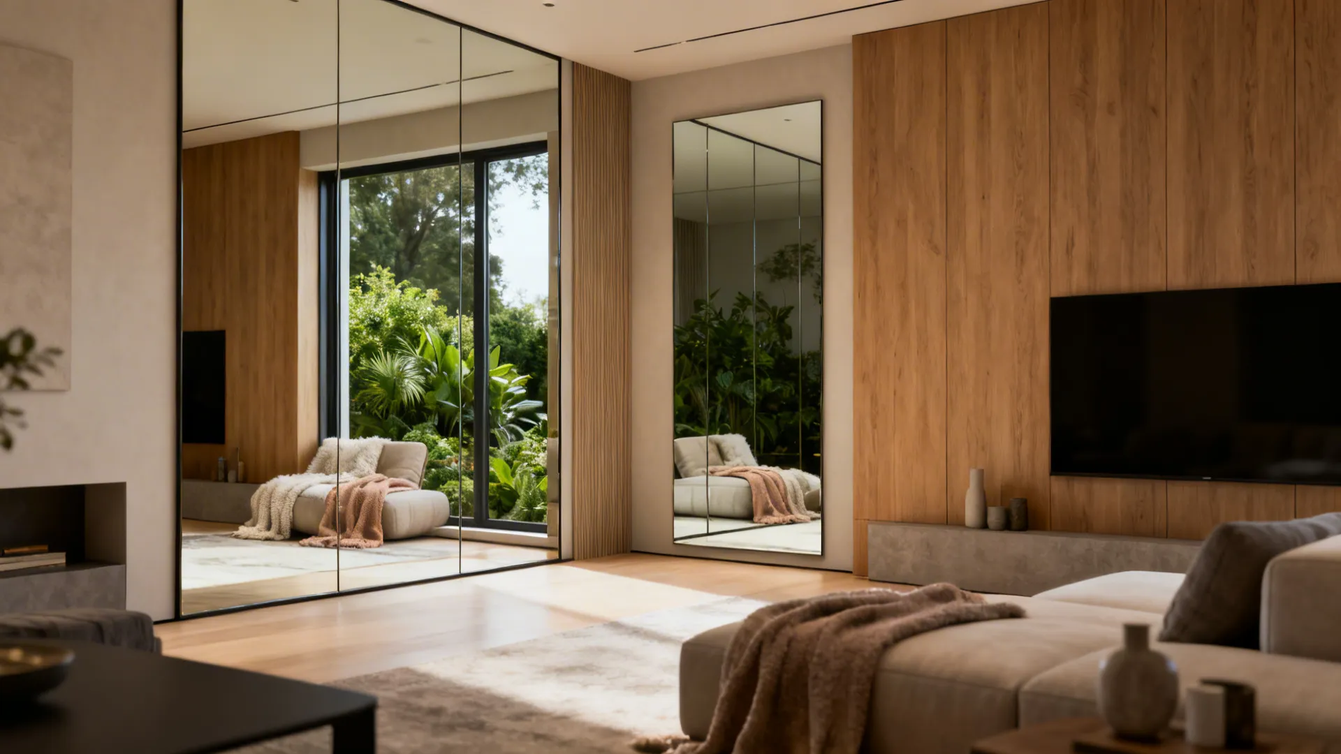 North-facing living room with a full-wall mirror reflecting daylight and plants to brighten the space.