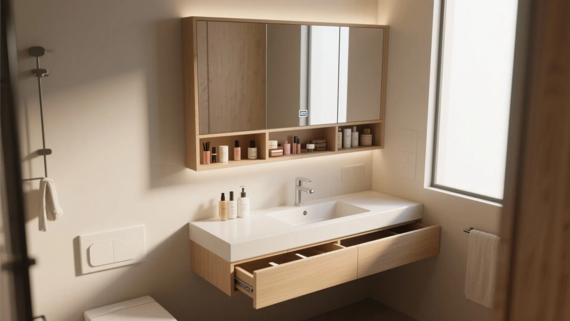 Modern bathroom sink with wooden cabinet drawers open showing storage space and a lighted mirror