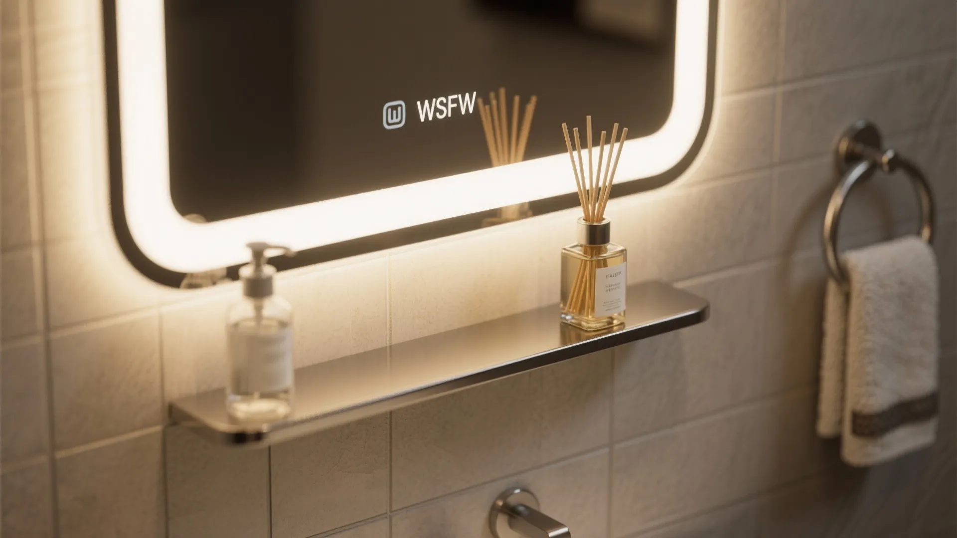 Lighted bathroom mirror above a metal shelf holding a soap bottle and a fragrance diffuser
