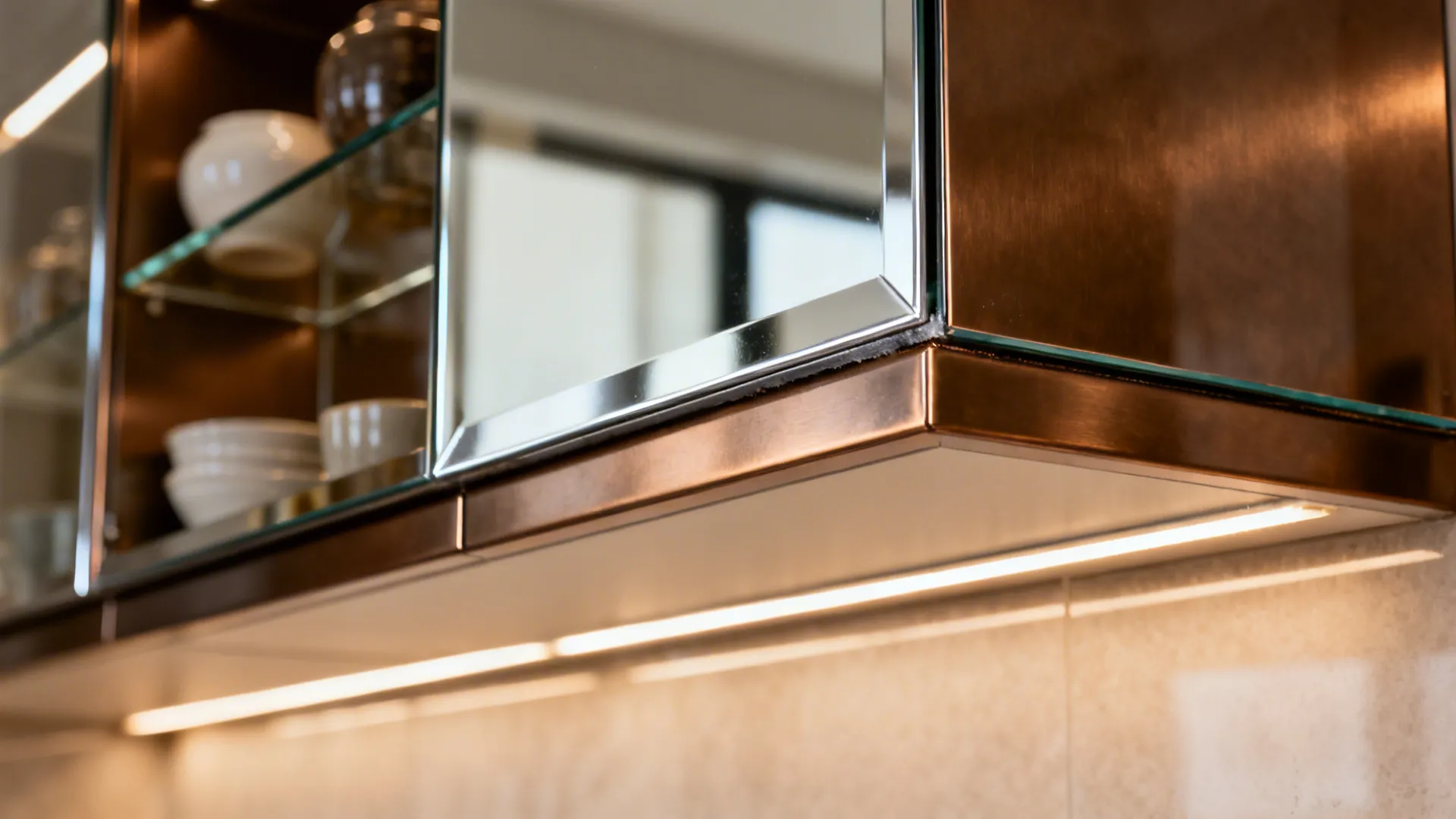 Macro of smoky bronze mirror splashback with clean silvered edge and tempered thickness.