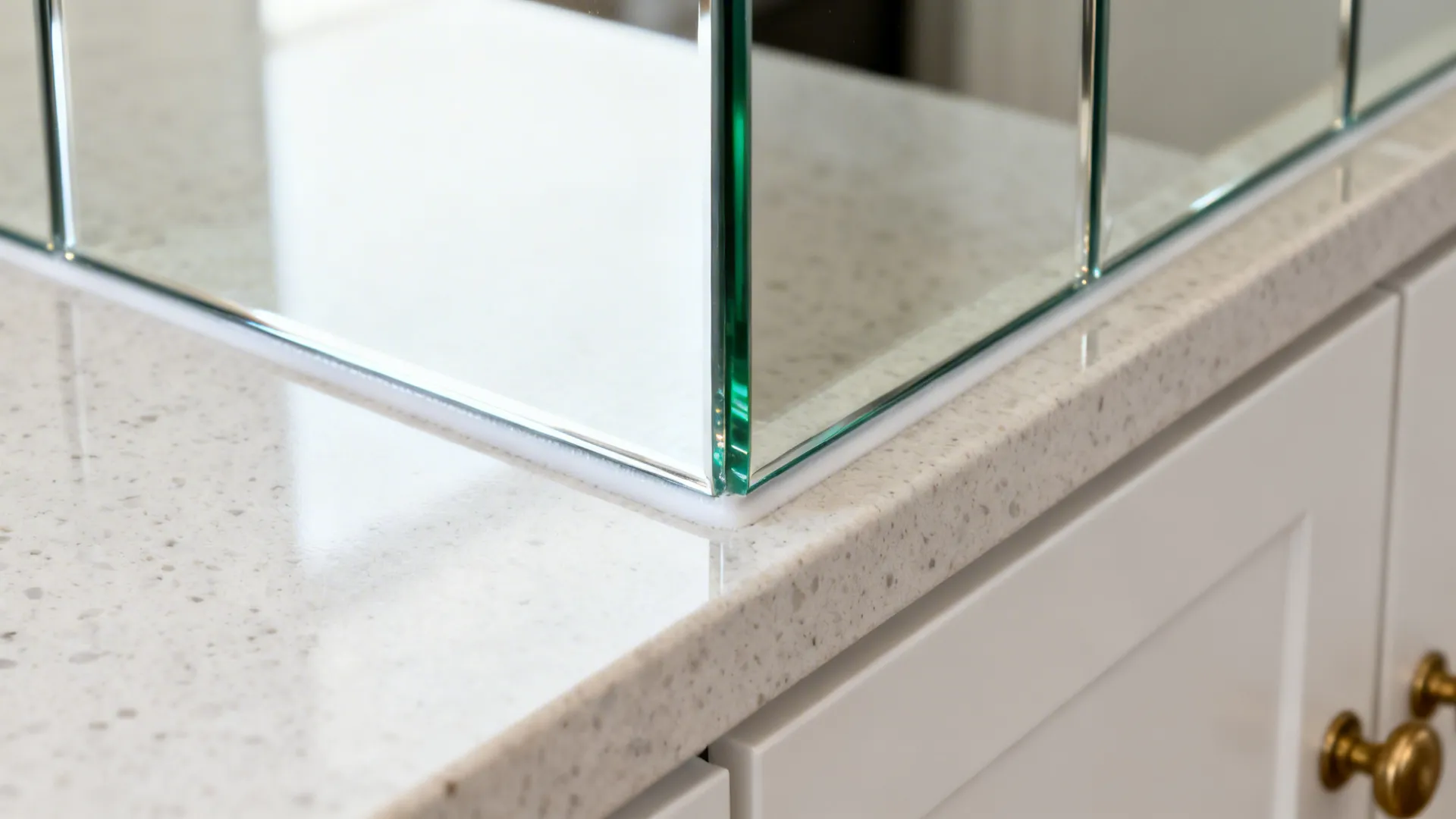 Macro of polished low-iron mirrored backsplash edge with clean seal and true-color reflection.
