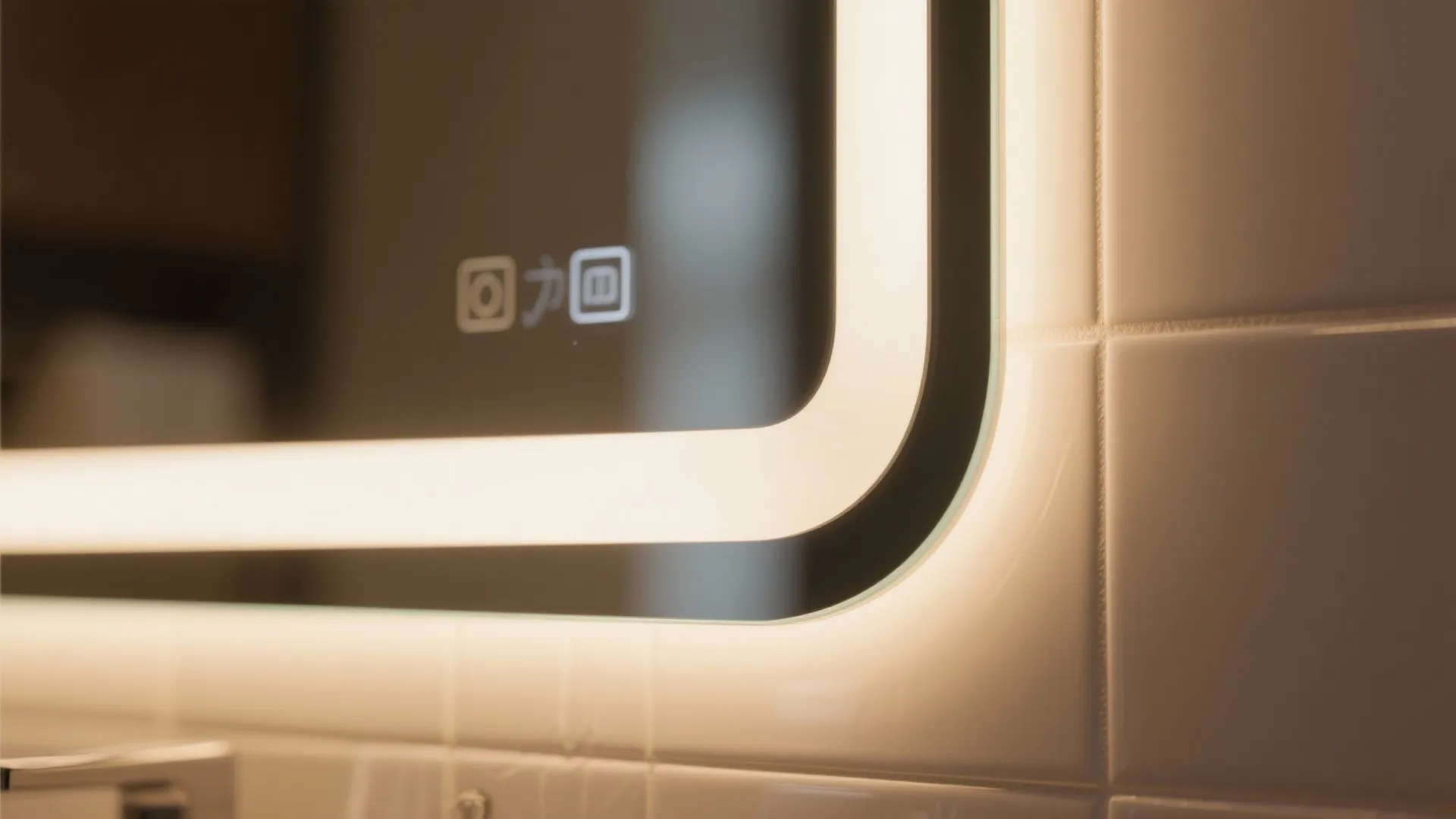 Close up of a bathroom mirror showing built-in light strip touch controls and white tiles