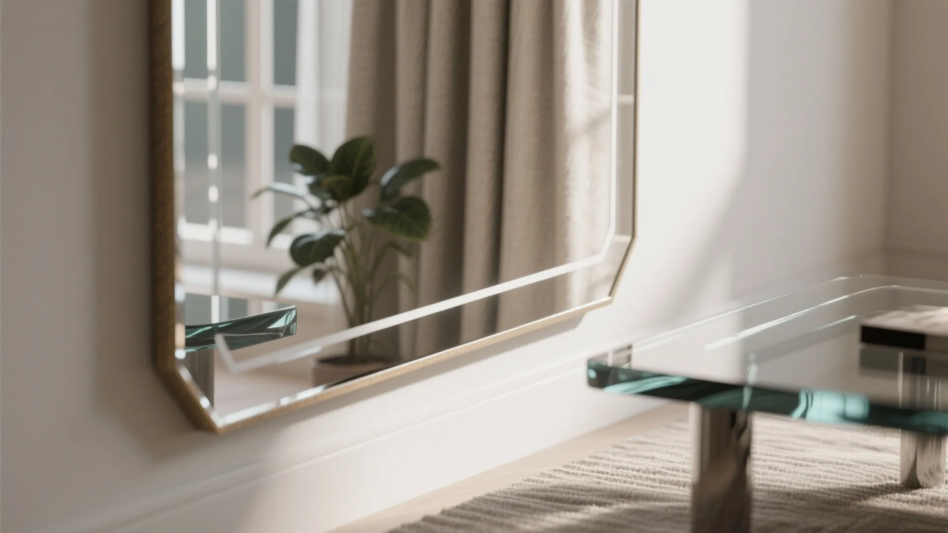 Beveled mirror edge in soft daylight with subtle plant reflection and glass table nearby.