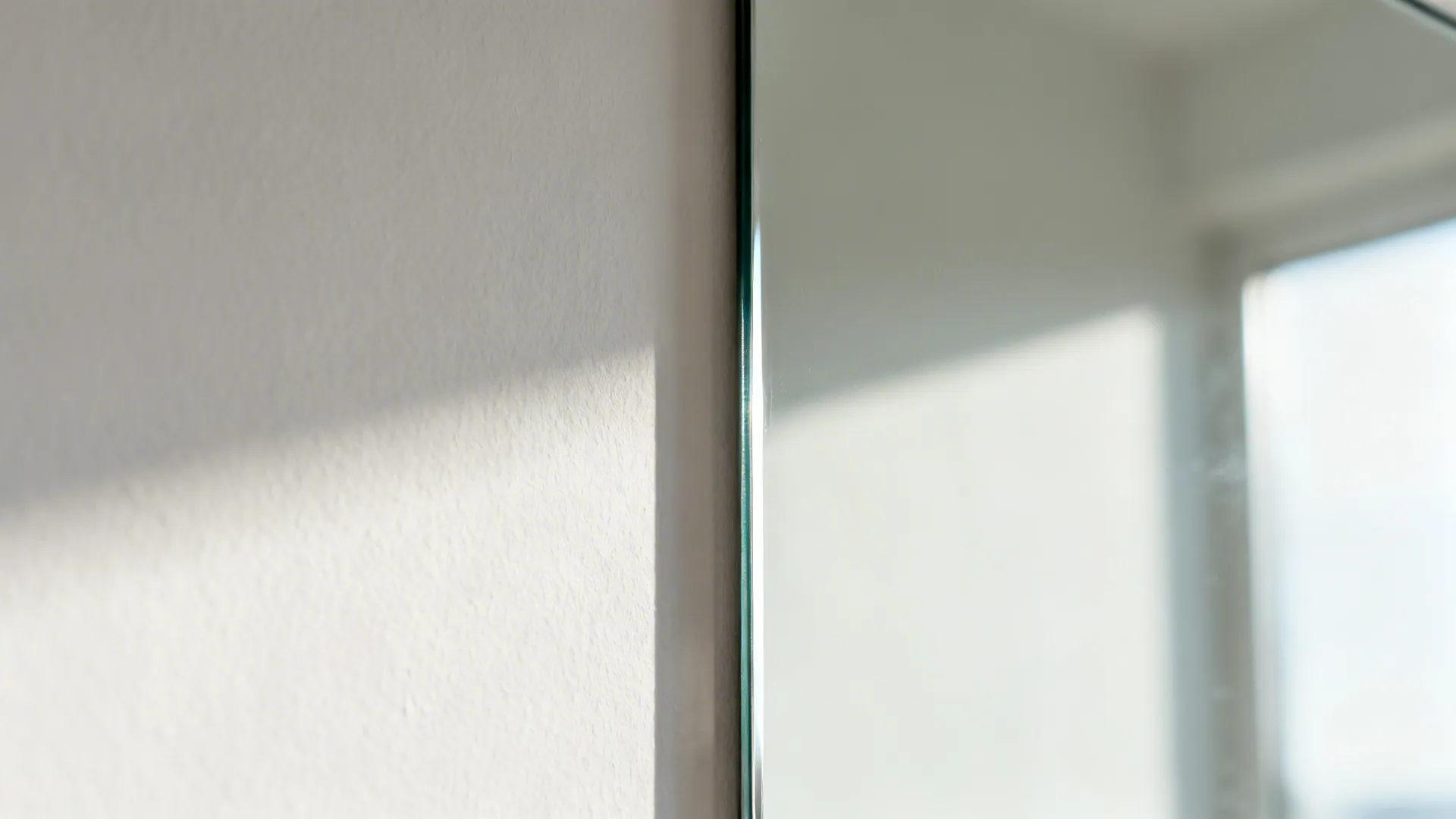 Close-up of a frameless mirror edge with crisp reflection and clean wall mount.