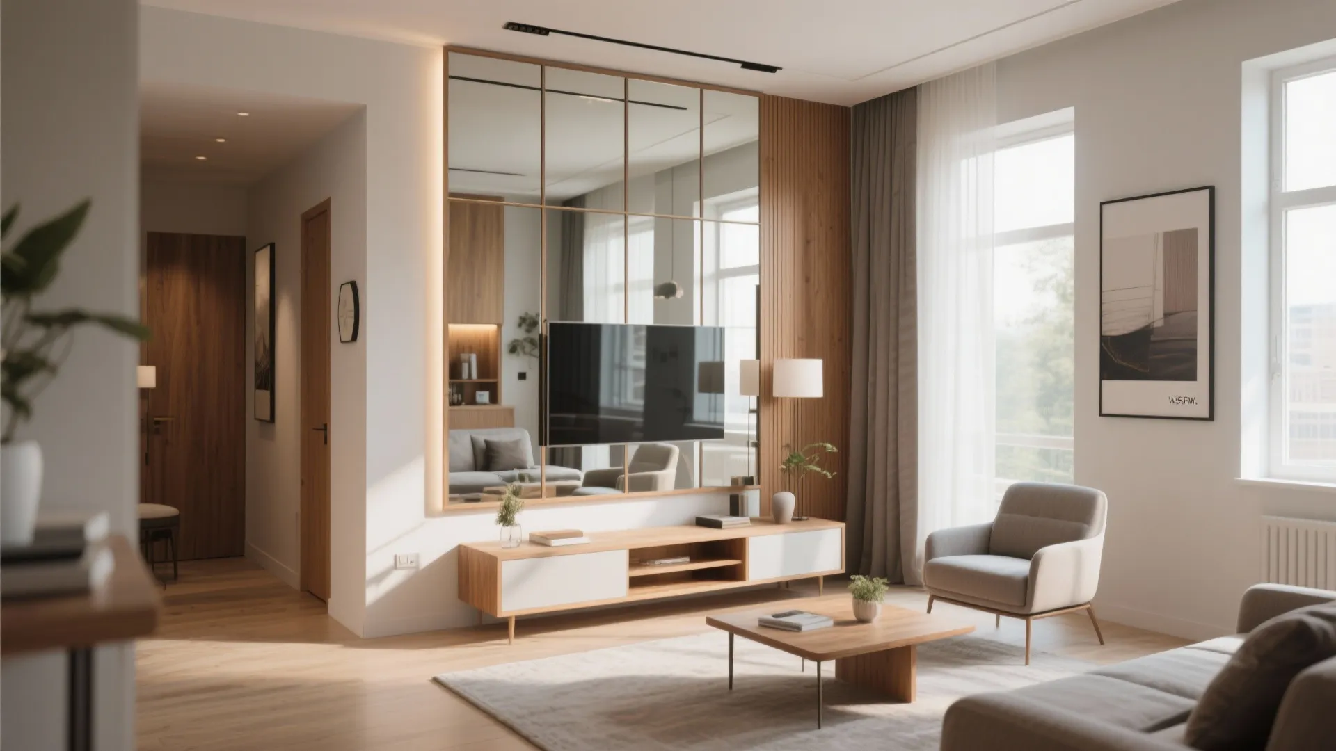 Living room featuring large mirror wall panels television wooden cabinet grey armchair and light floor