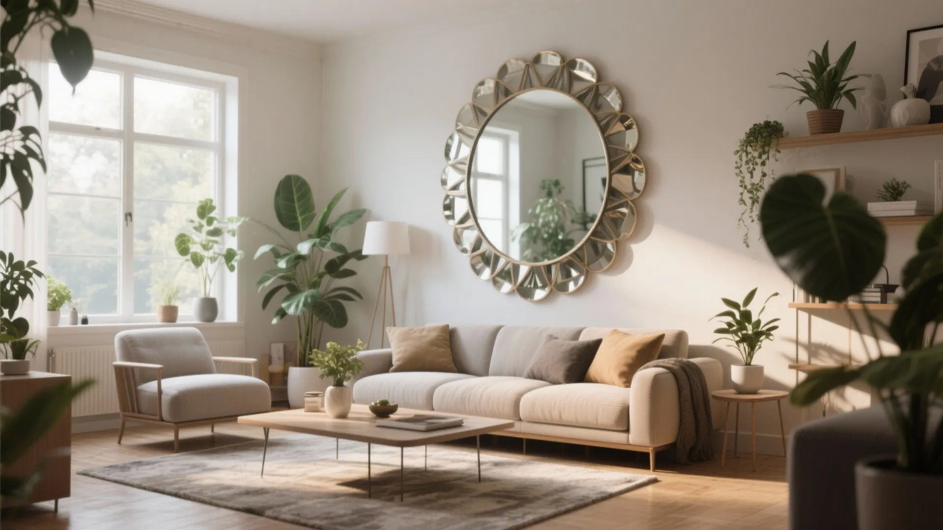 Bright living room featuring a large round wall mirror above a beige sofa with plants