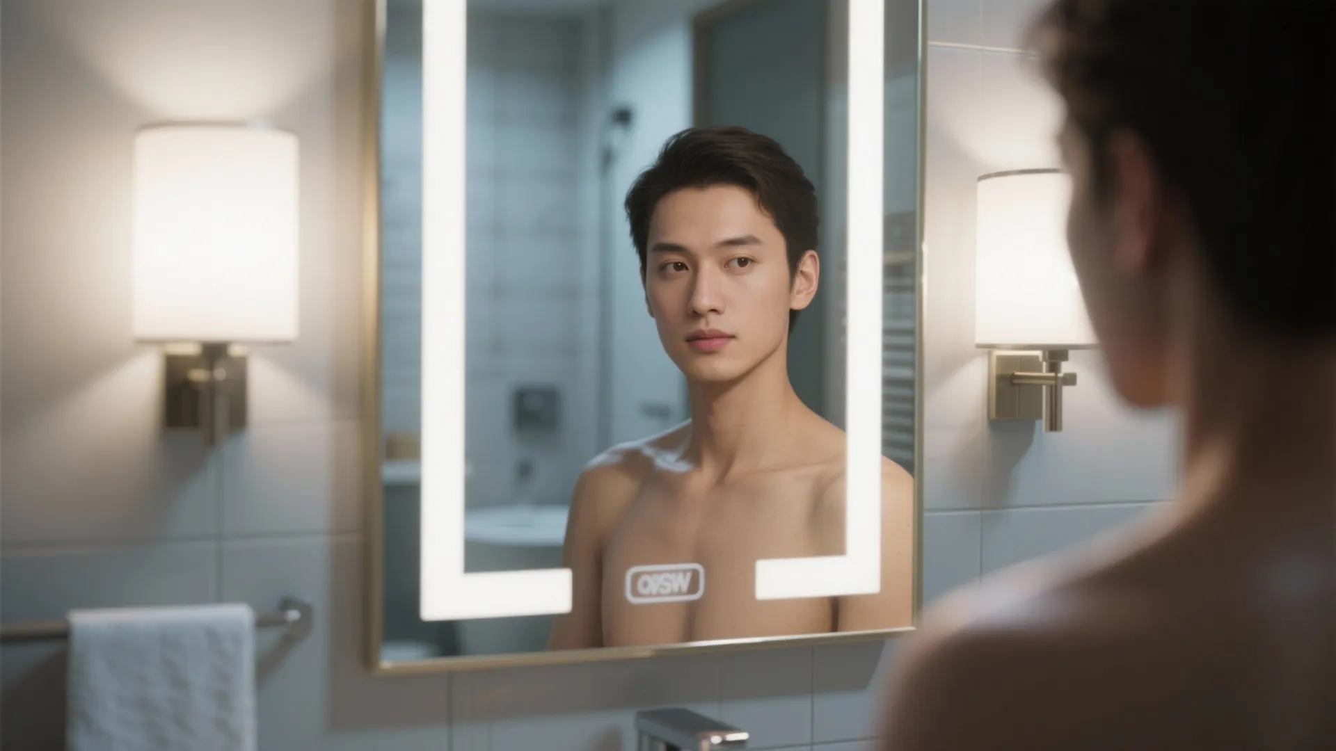 Man looking in bathroom mirror with built in LED lighting and two wall light fixtures