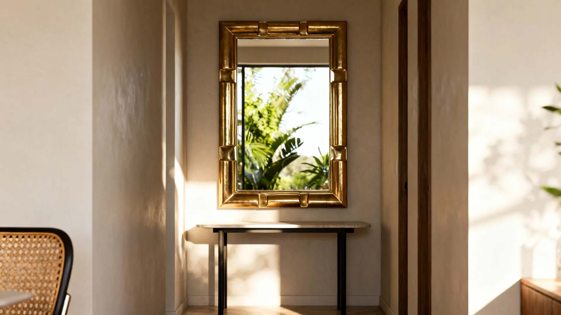 Dining area with a large brass-framed mirror reflecting light and plants to visually enlarge the room.