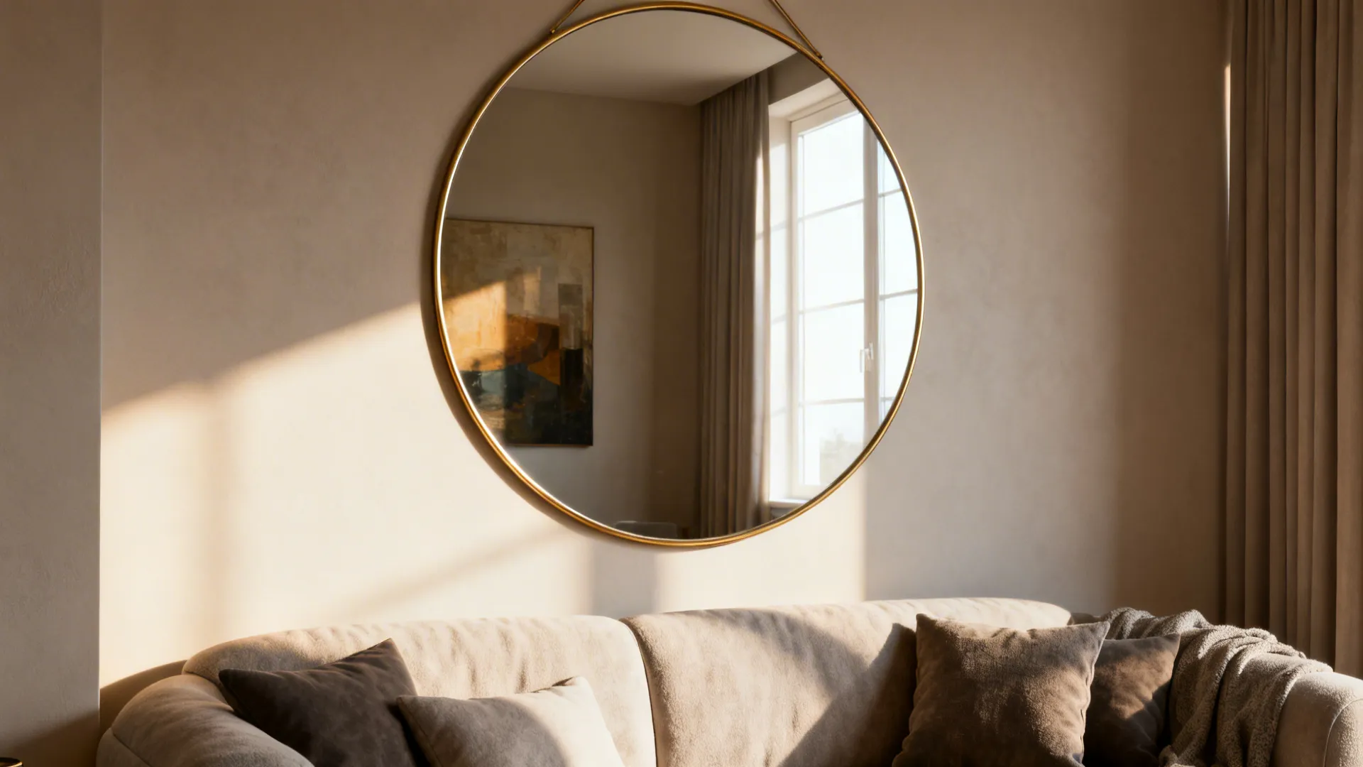 Round gold mirror above beige sofa reflecting window and art in bright warm natural light