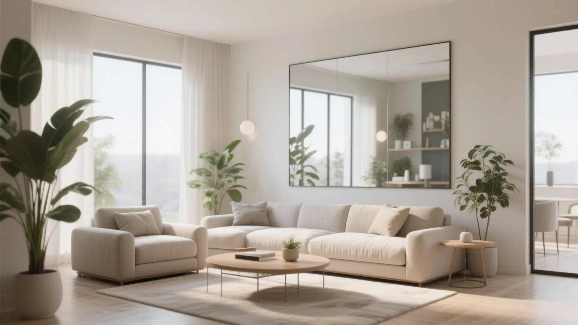 Bright modern living room with large white sofa wooden coffee table and big wall mirror