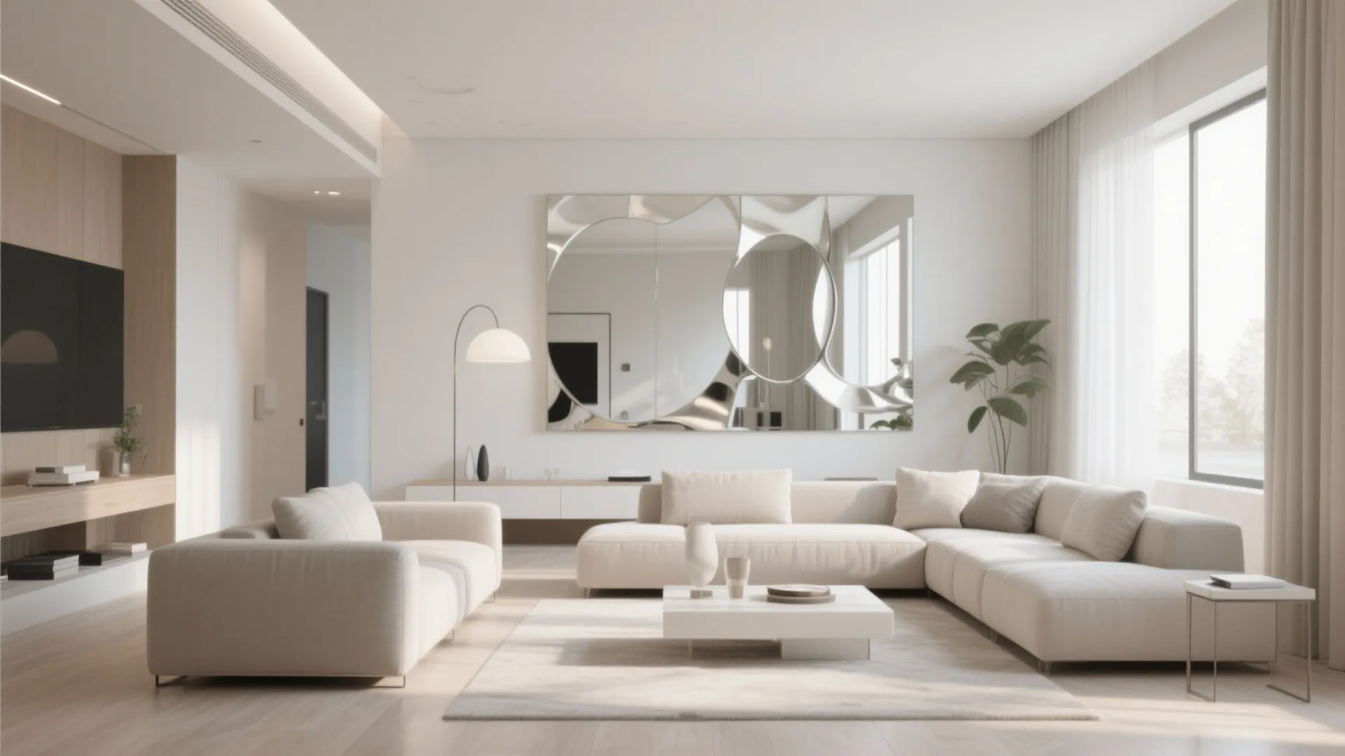 Modern bright living room with cream sofa large wall mirror white coffee table and floor lamp