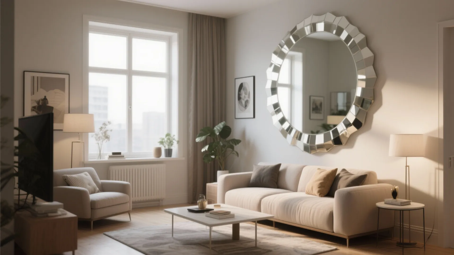 Bright living room featuring a large round decorative mirror above a white sofa with pillows