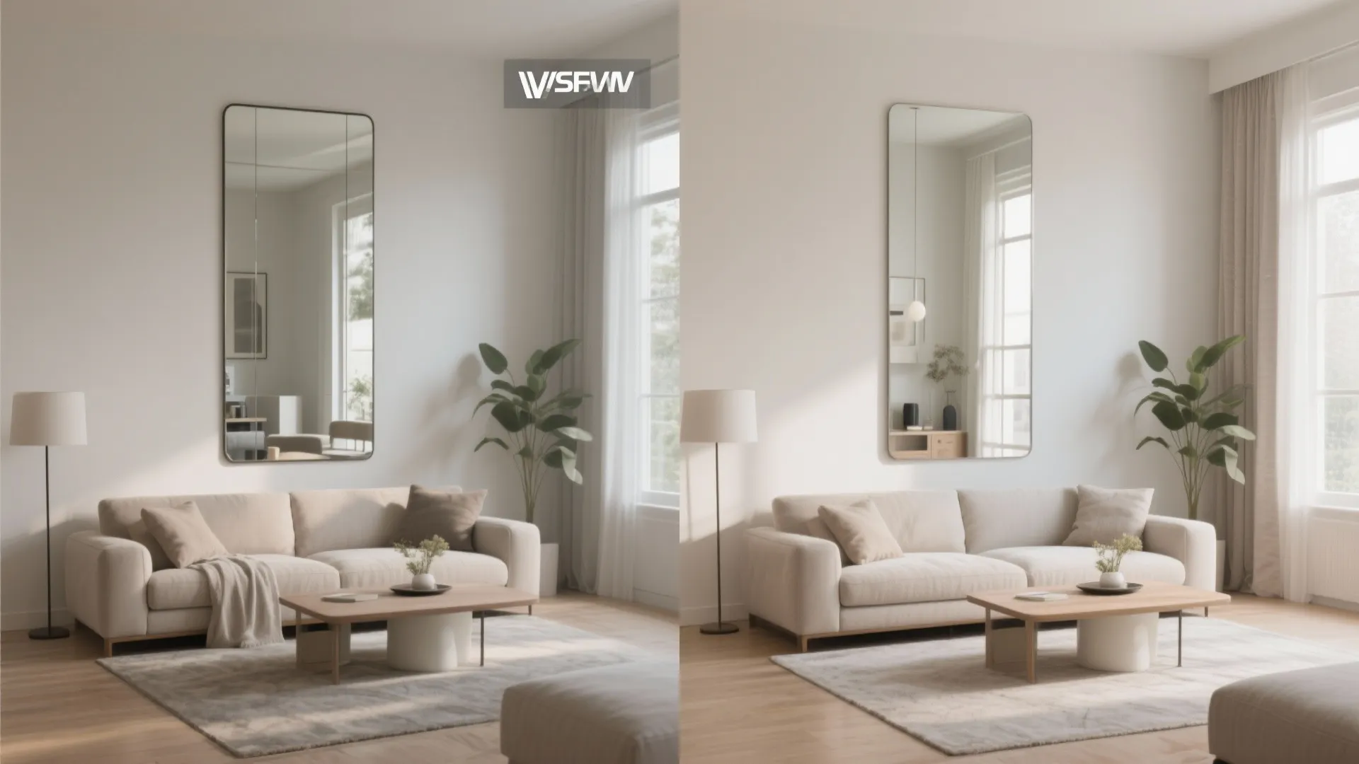 Side by side interior design drawing comparison showing how a large wall mirror expands room space