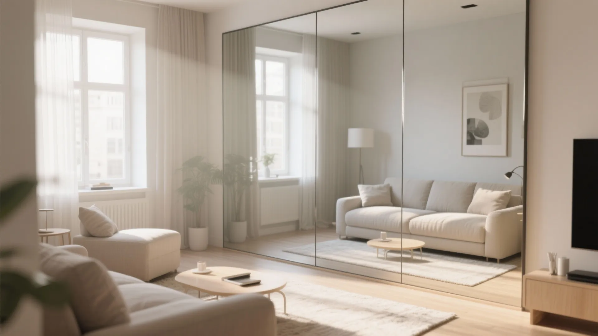 Modern living room featuring large wall mirrors reflecting a beige sofa wooden table and bright windows