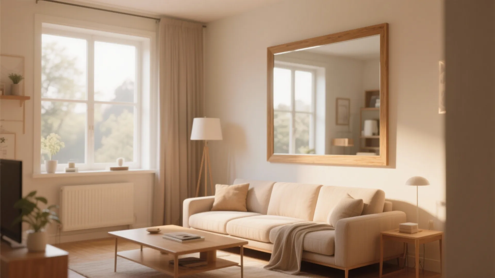 Cozy living room with cream sofa wooden coffee table and large mirror reflecting the windows