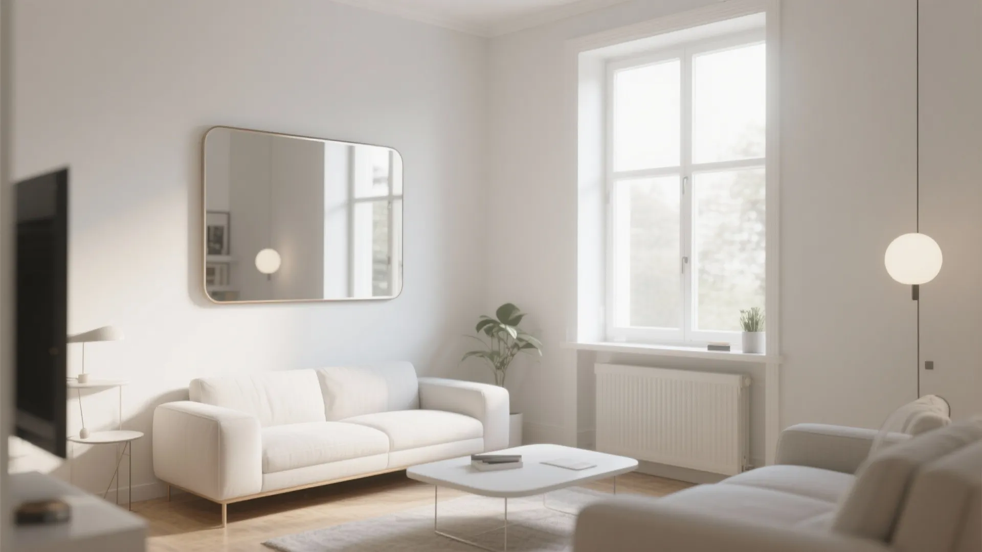 Modern bright living room with white sofa a wall mirror coffee table window and plant