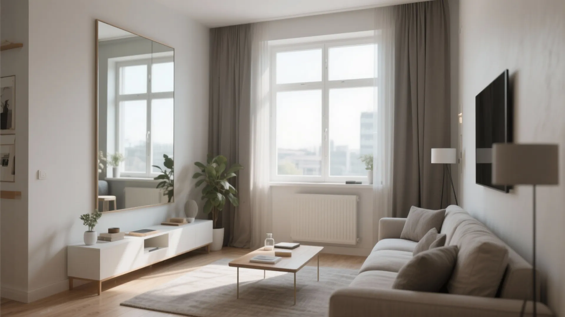 Bright living room with large wall mirror wooden coffee table grey sofa and white windows