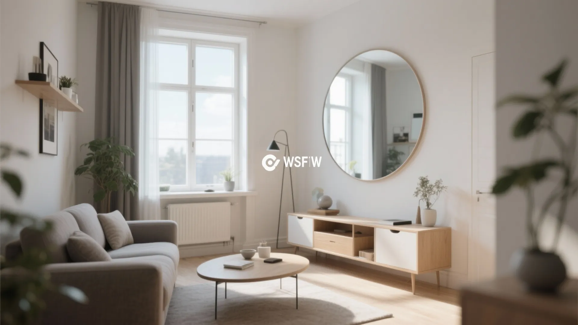 Large round mirror reflecting sunlight in a modern small living room