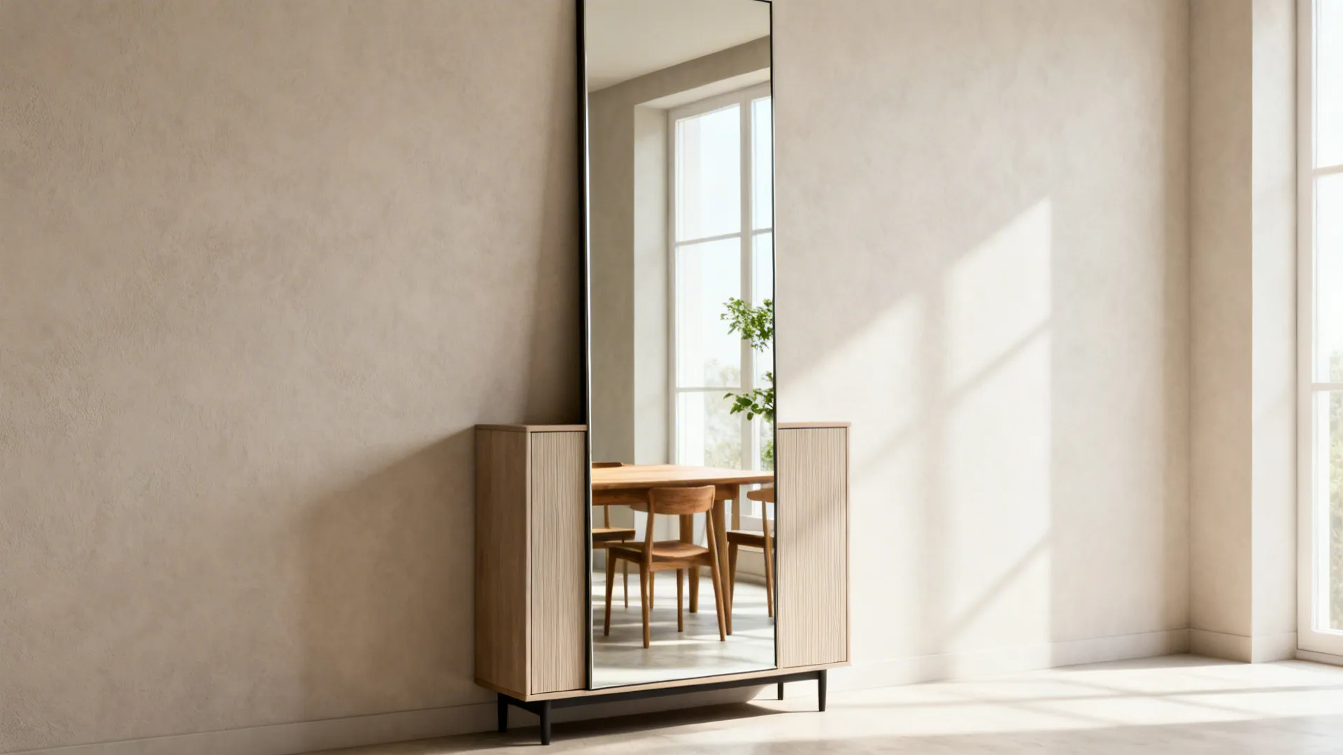 Dining room with a floor-to-ceiling mirror behind a slim sideboard that visually widens the room