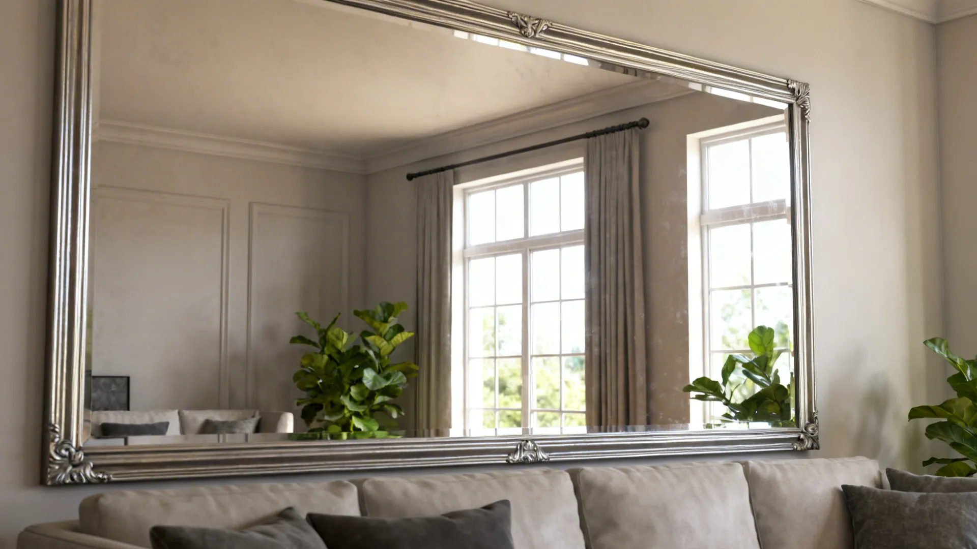 Large decorative mirror reflecting a window to increase perceived space and light.