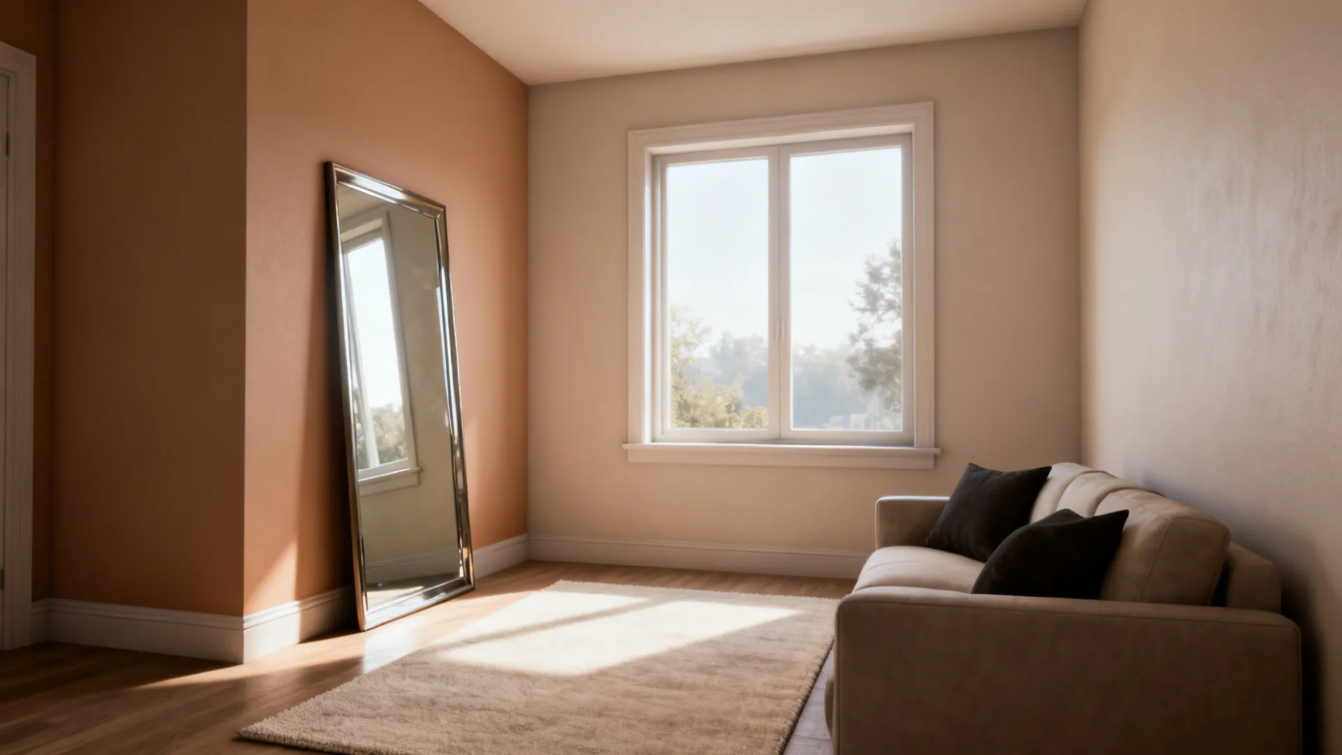 Small living room with warm neutral wall and large mirror reflecting window light to create depth