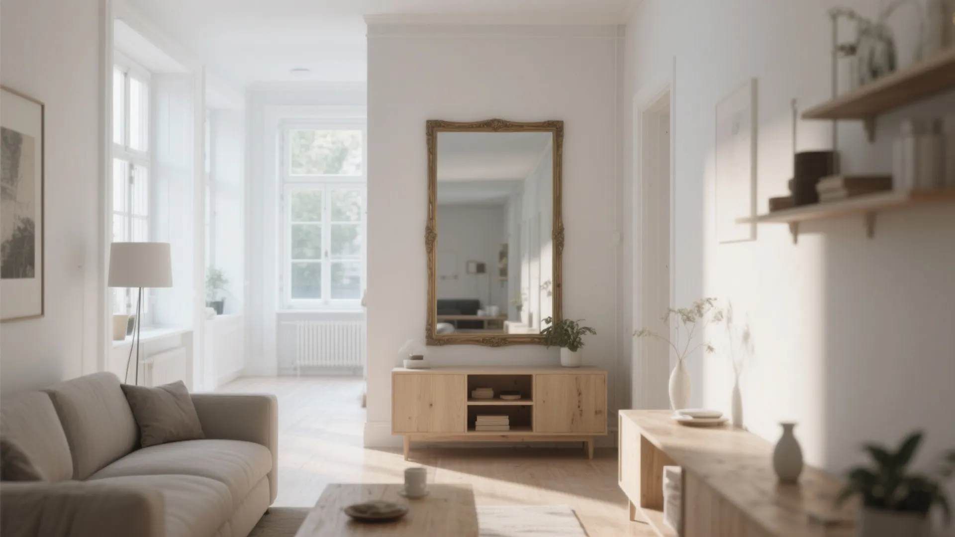 Bright living room with large gold mirror hanging above wooden cabinet sofa and sunlit windows