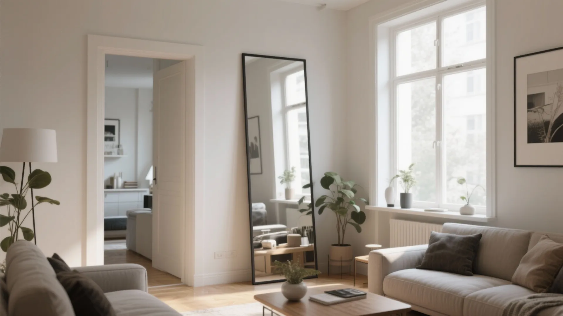 Bright living room with floor mirror grey sofa white windows and green plants in natural light