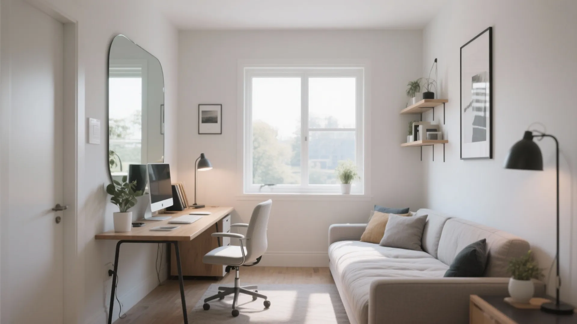 Large mirror opposite window in small home office