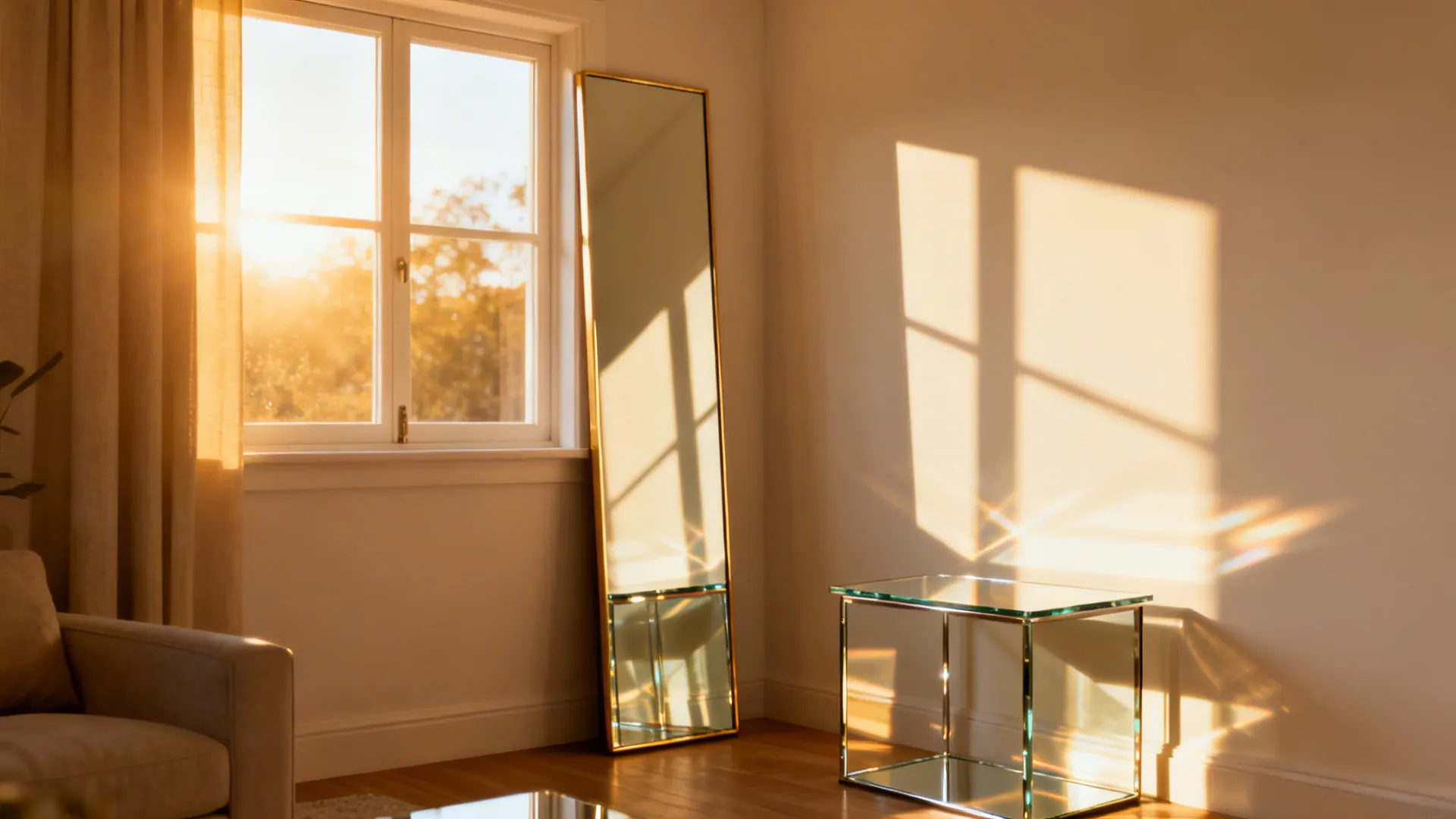 Full-length mirror beside a window reflecting light and expanding a small living room visually.