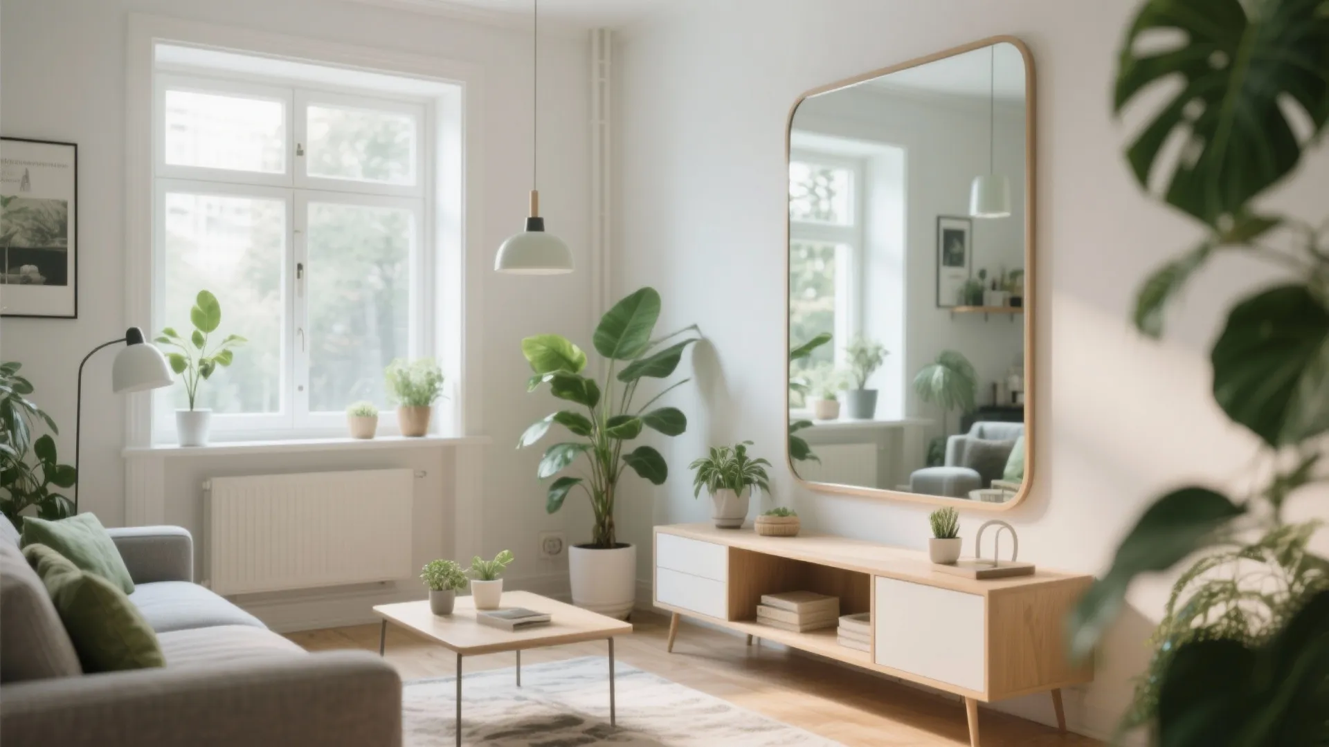 Bright living room featuring a large wall mirror wooden cabinet green plants and natural window light