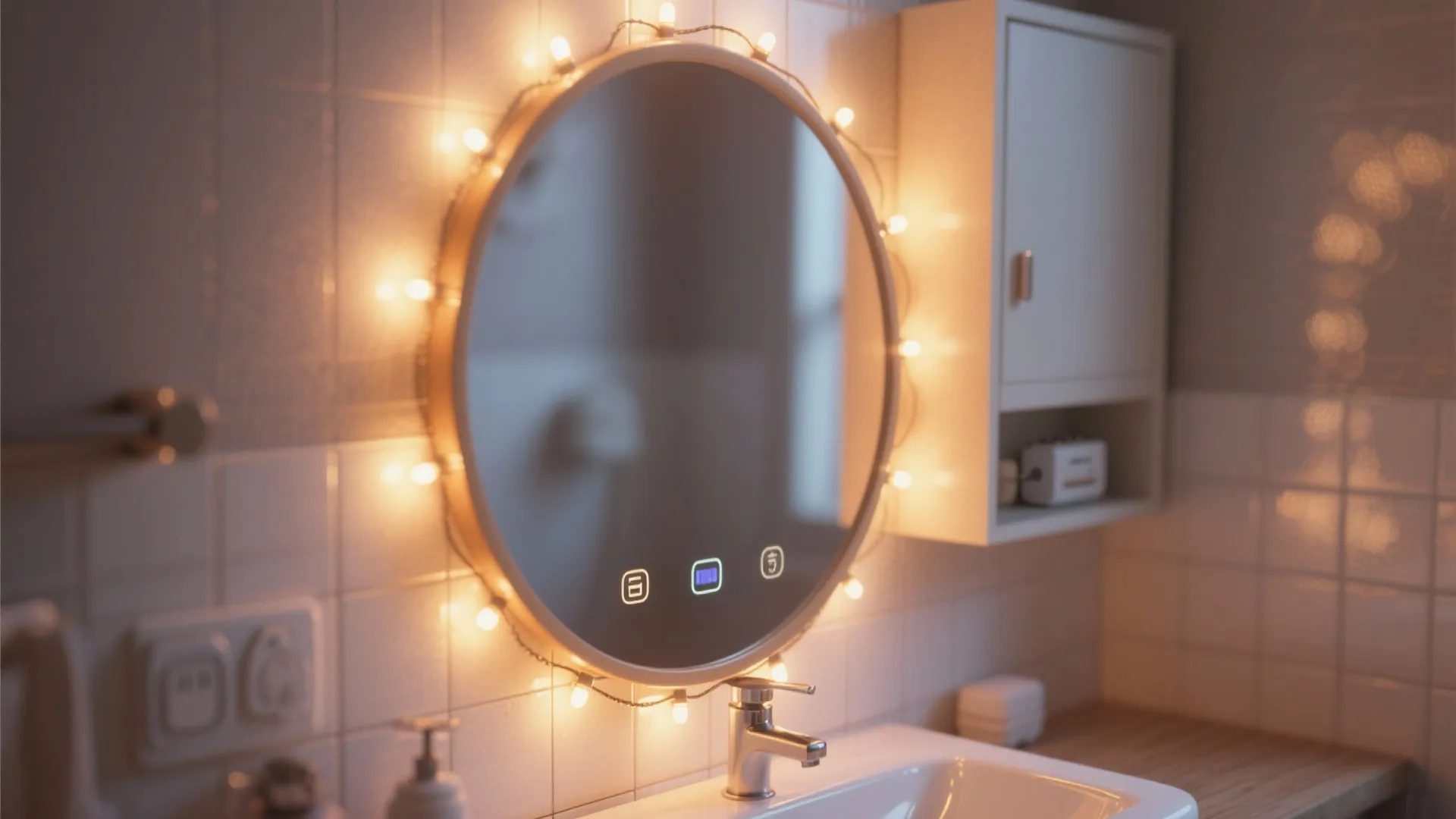 Close-up of a bathroom mirror wrapped with warm waterproof LED fairy lights, battery pack hidden.