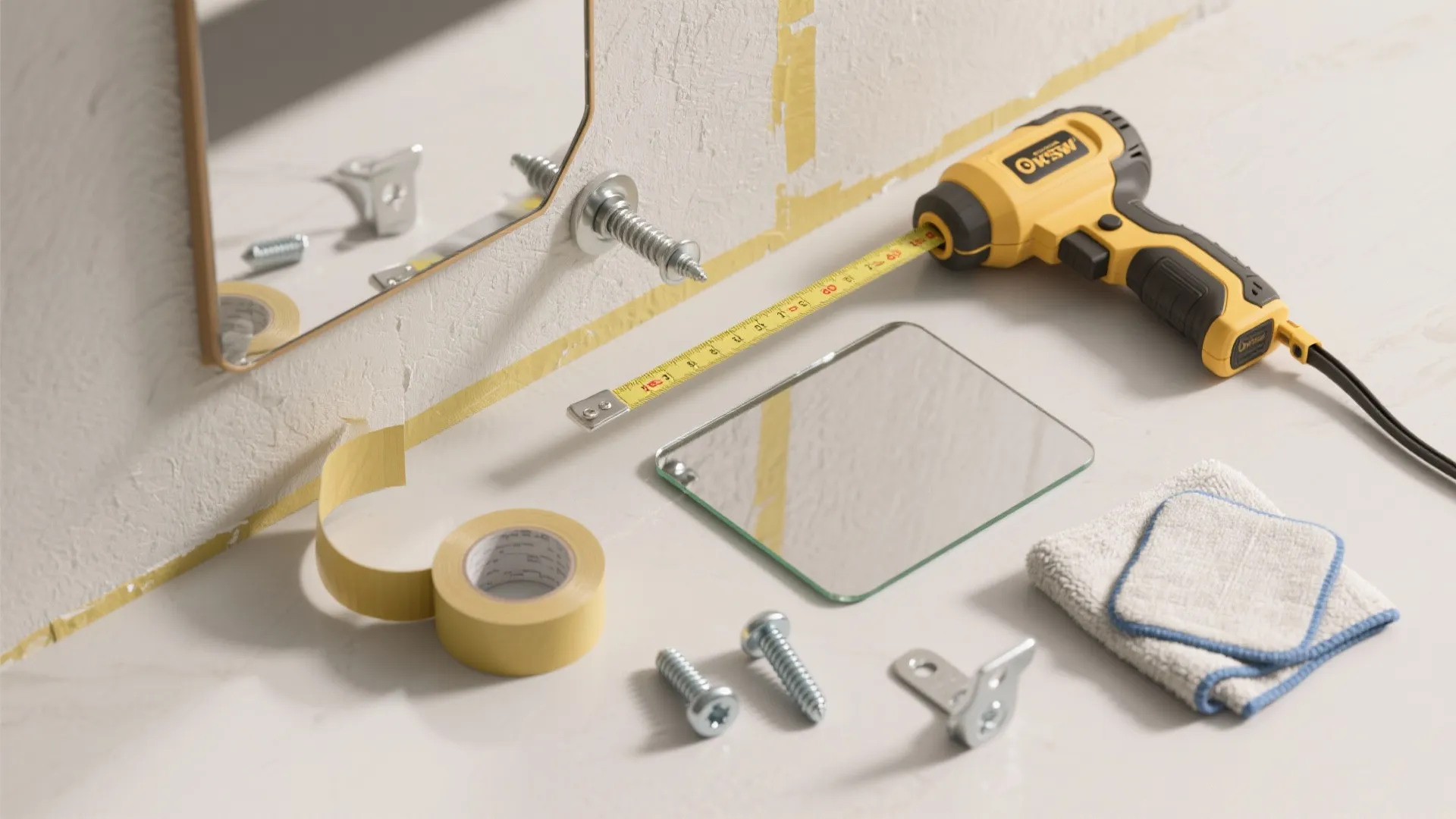 Tools for hanging mirrors including a power drill measuring tape screws masking tape and cleaning cloth