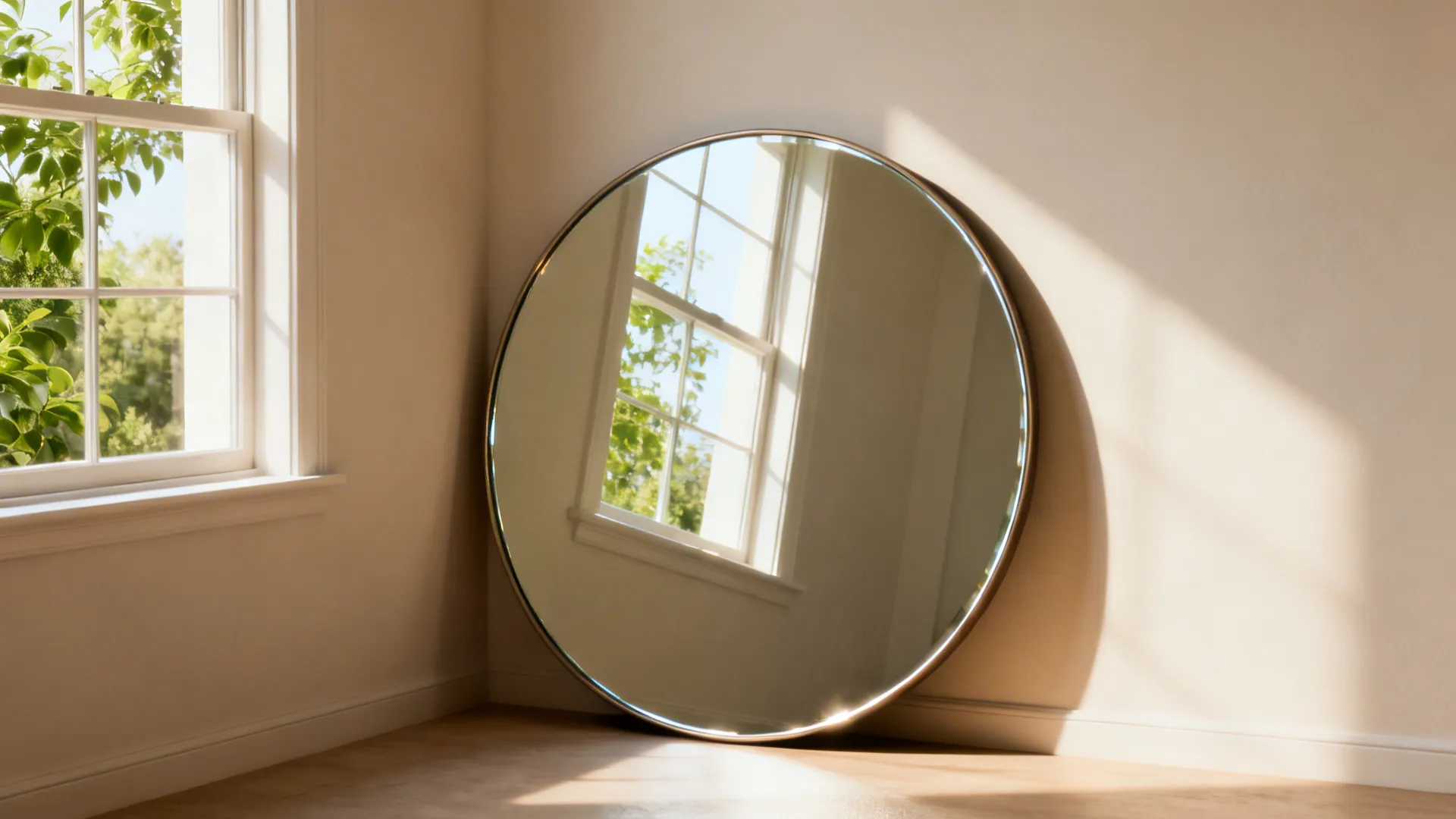 Large round mirror opposite a window amplifying light and depth in a compact living room.