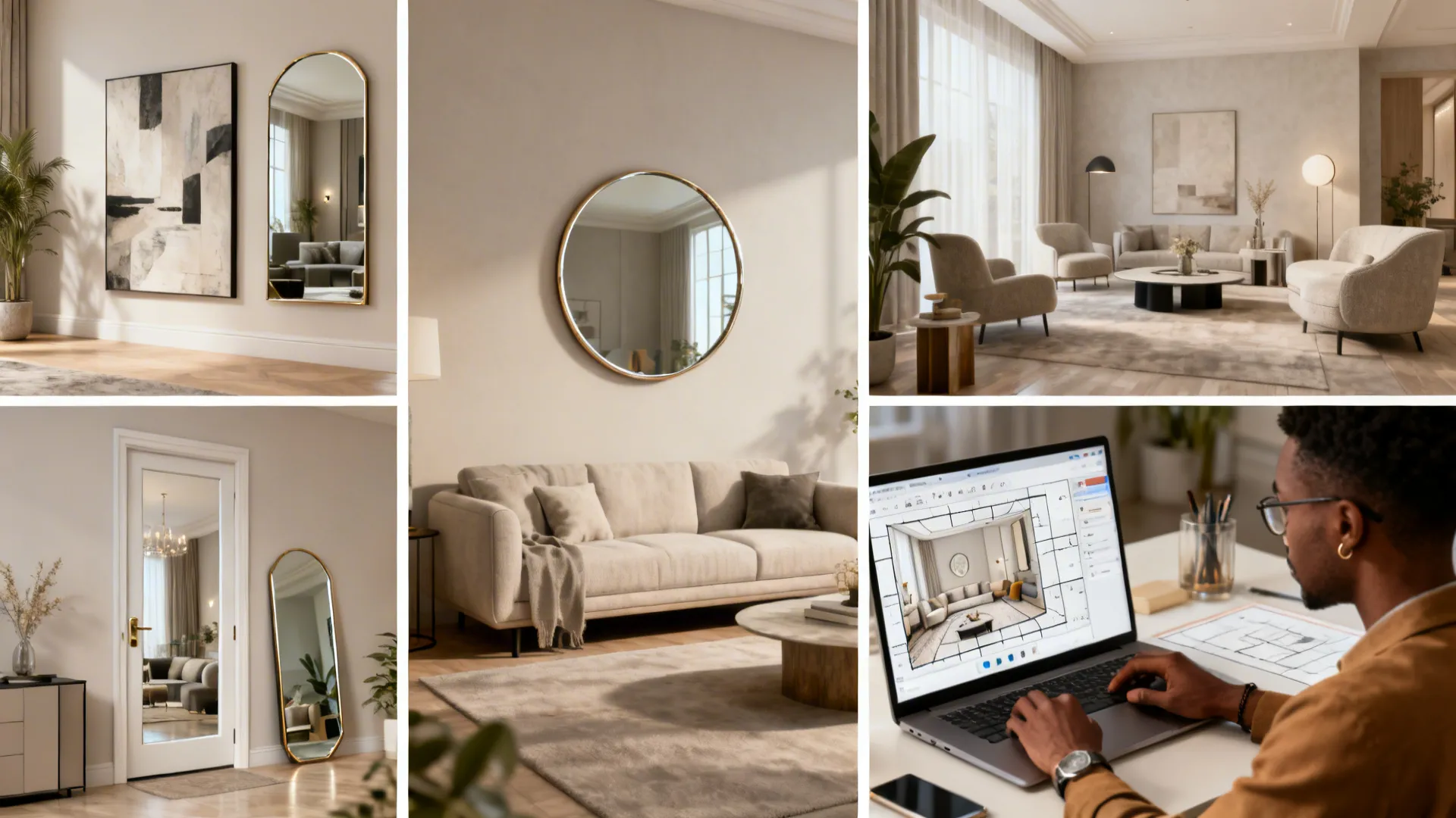 Collage showing different wall mirrors in living rooms and a designer working on a laptop computer