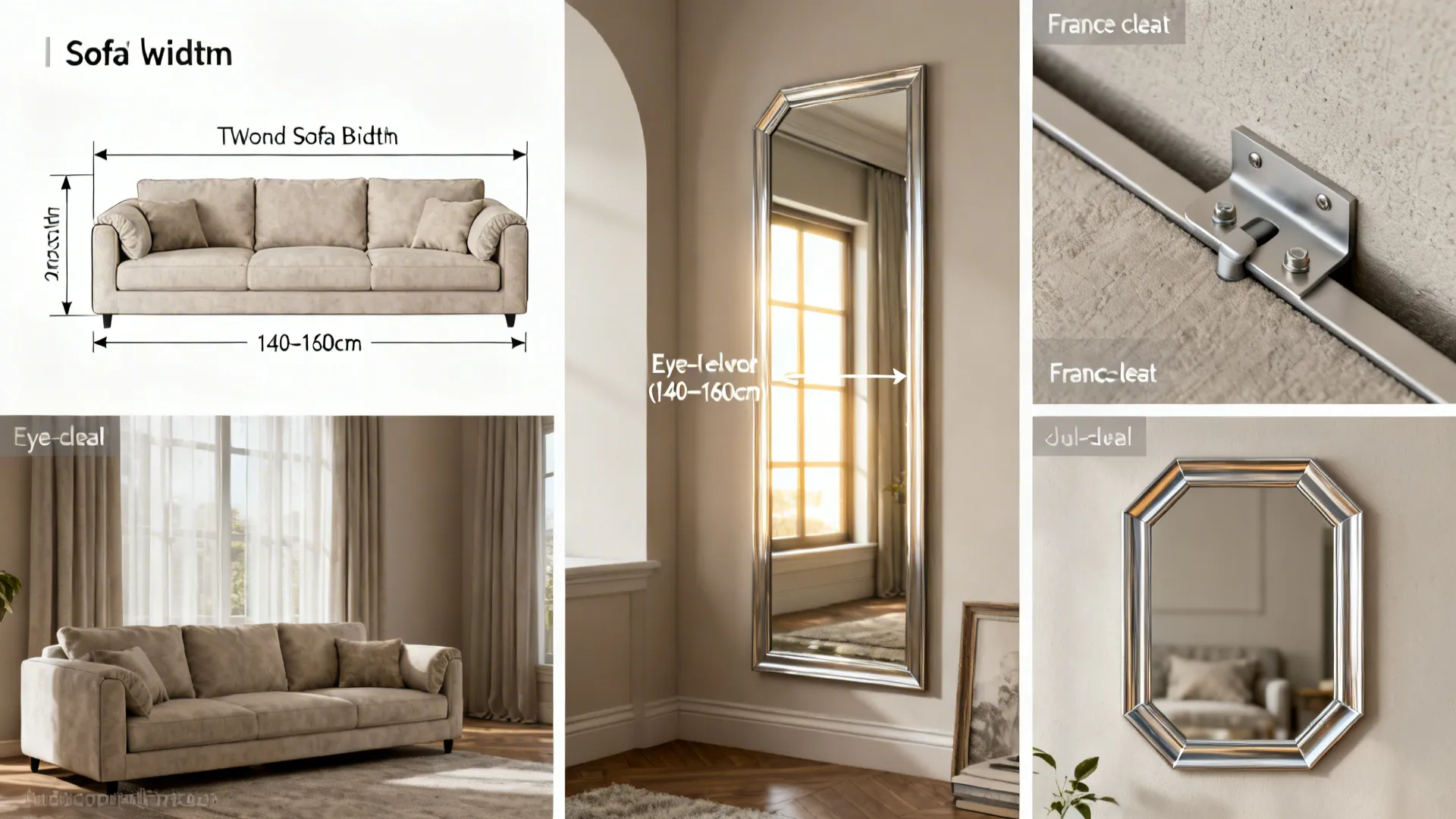 Collage illustrating mirror sizing, mounting height, opposite-window placement and mounting hardware