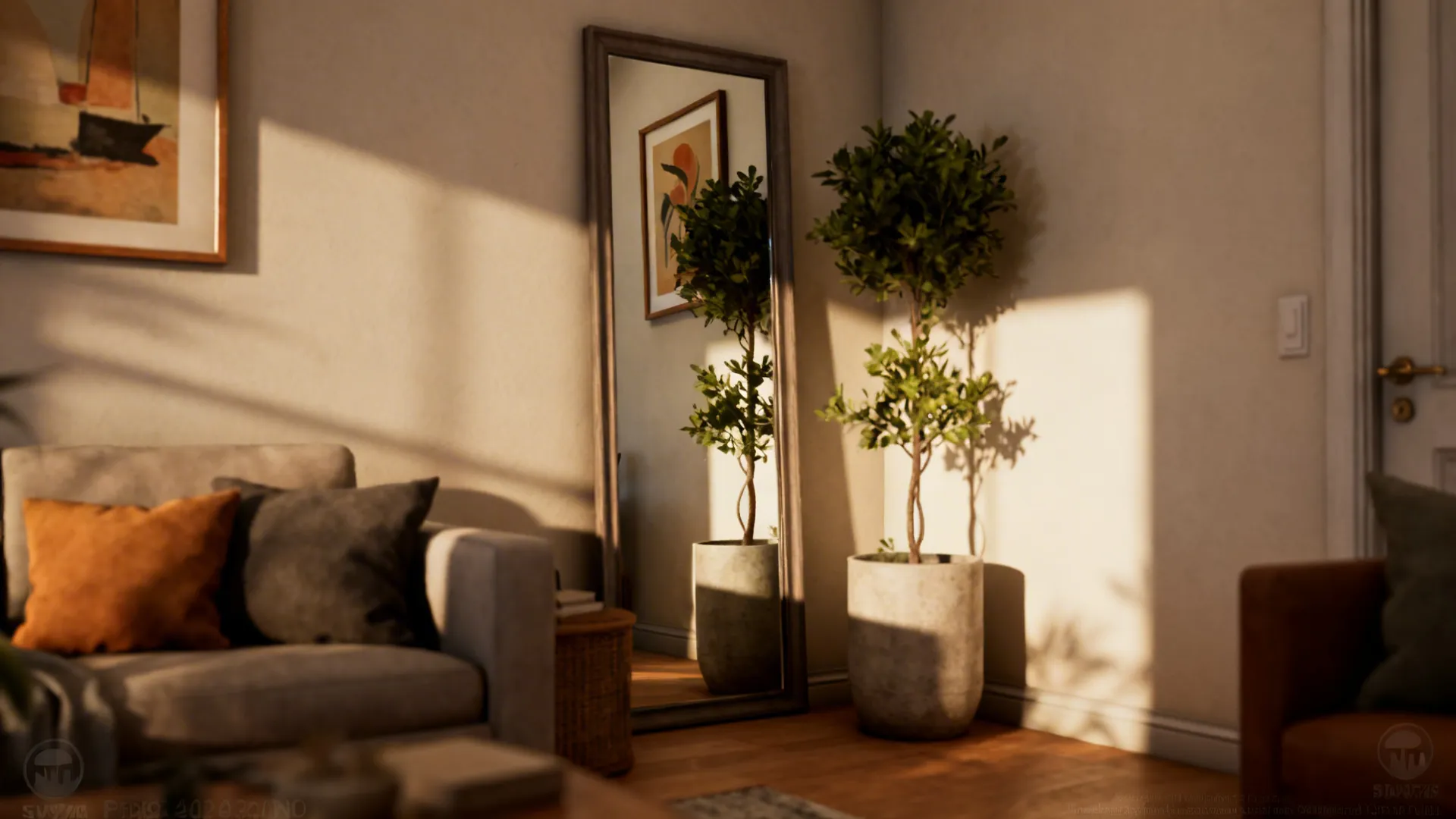 Small living room corner with a mirror reflecting a plant and art, illustrating recommended mirror placement.