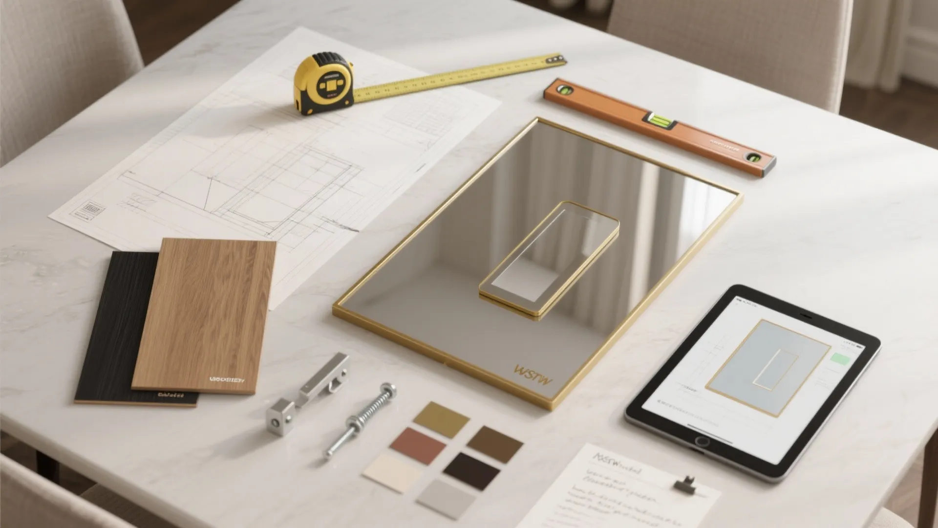 Flatlay of templates, tape measure, frame swatches and a tablet showing a 3D mirror layout for dining room planning.