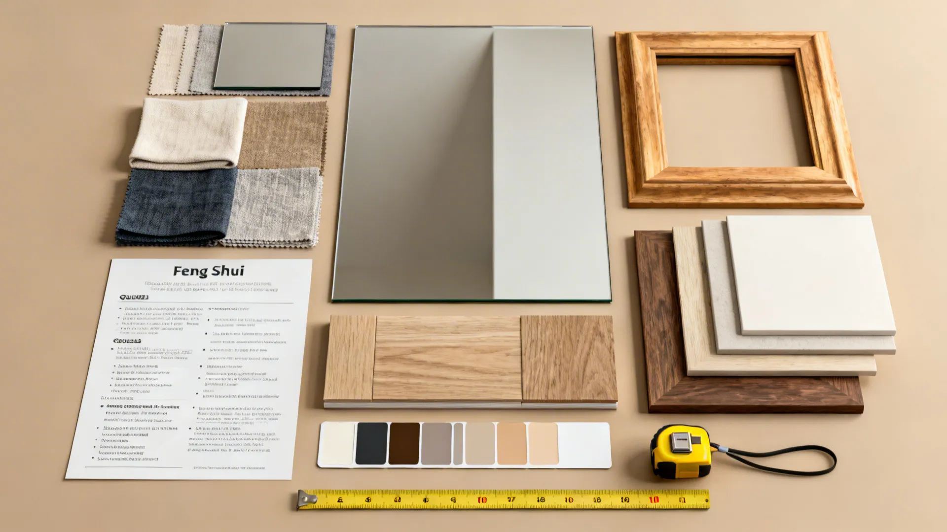 Interior design materials flat lay including mirror wood frames tiles fabric swatches and measuring tool