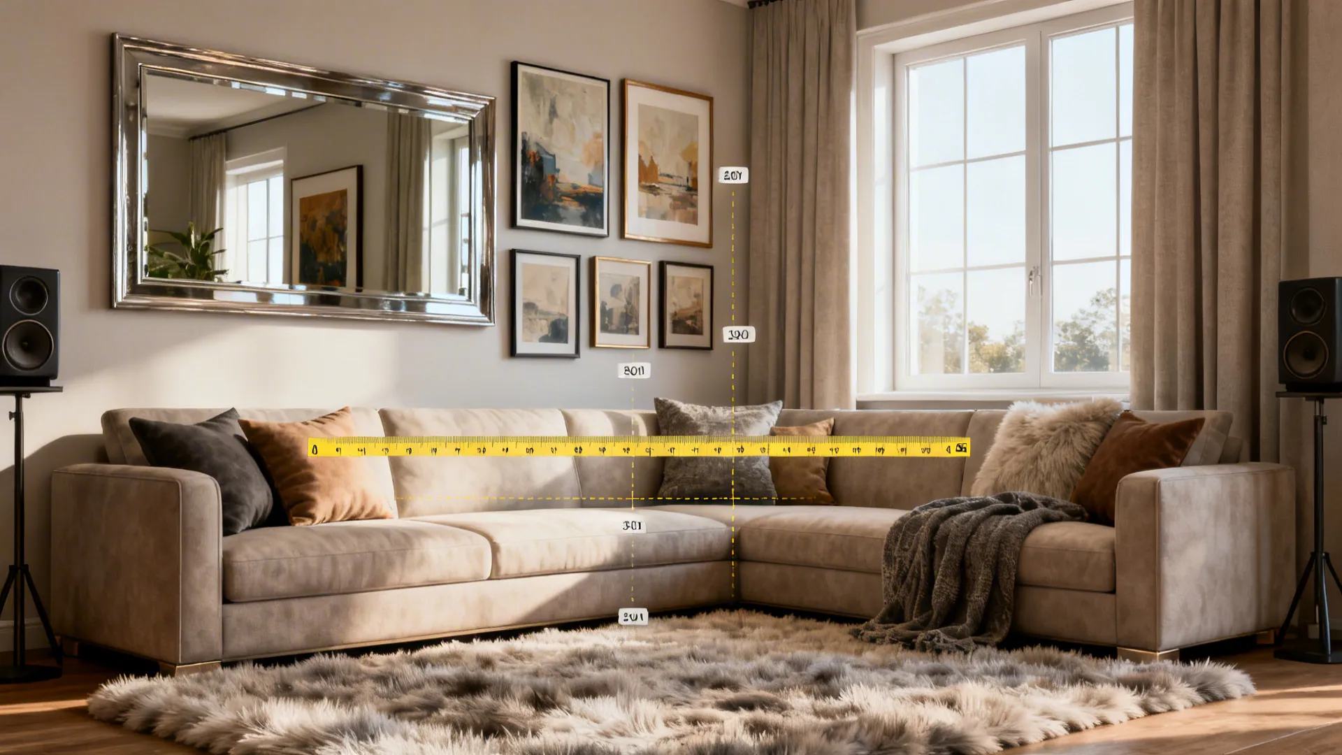 Living room showing mirror integrated into a gallery wall reflecting art and window to demonstrate placement and proportion