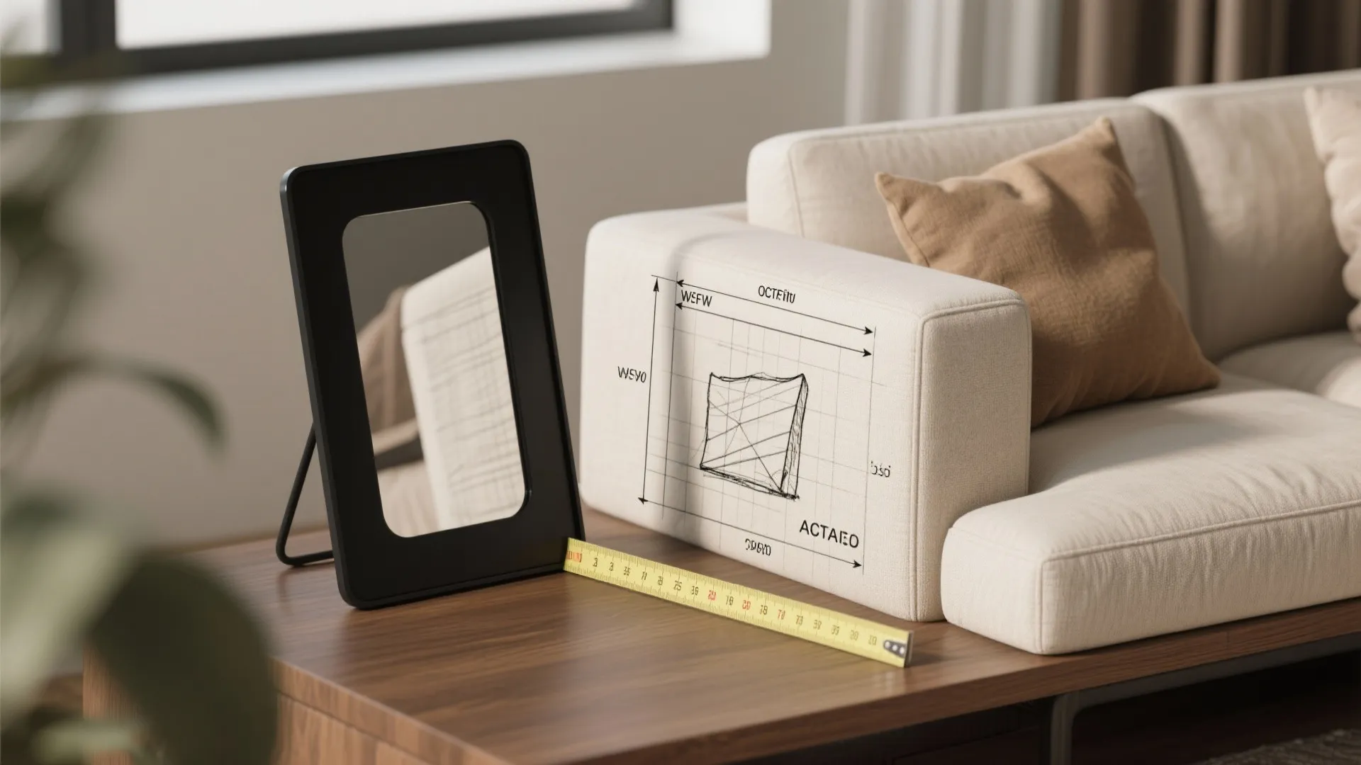 Scale examples and measuring tools illustrating mirror sizing and placement tips