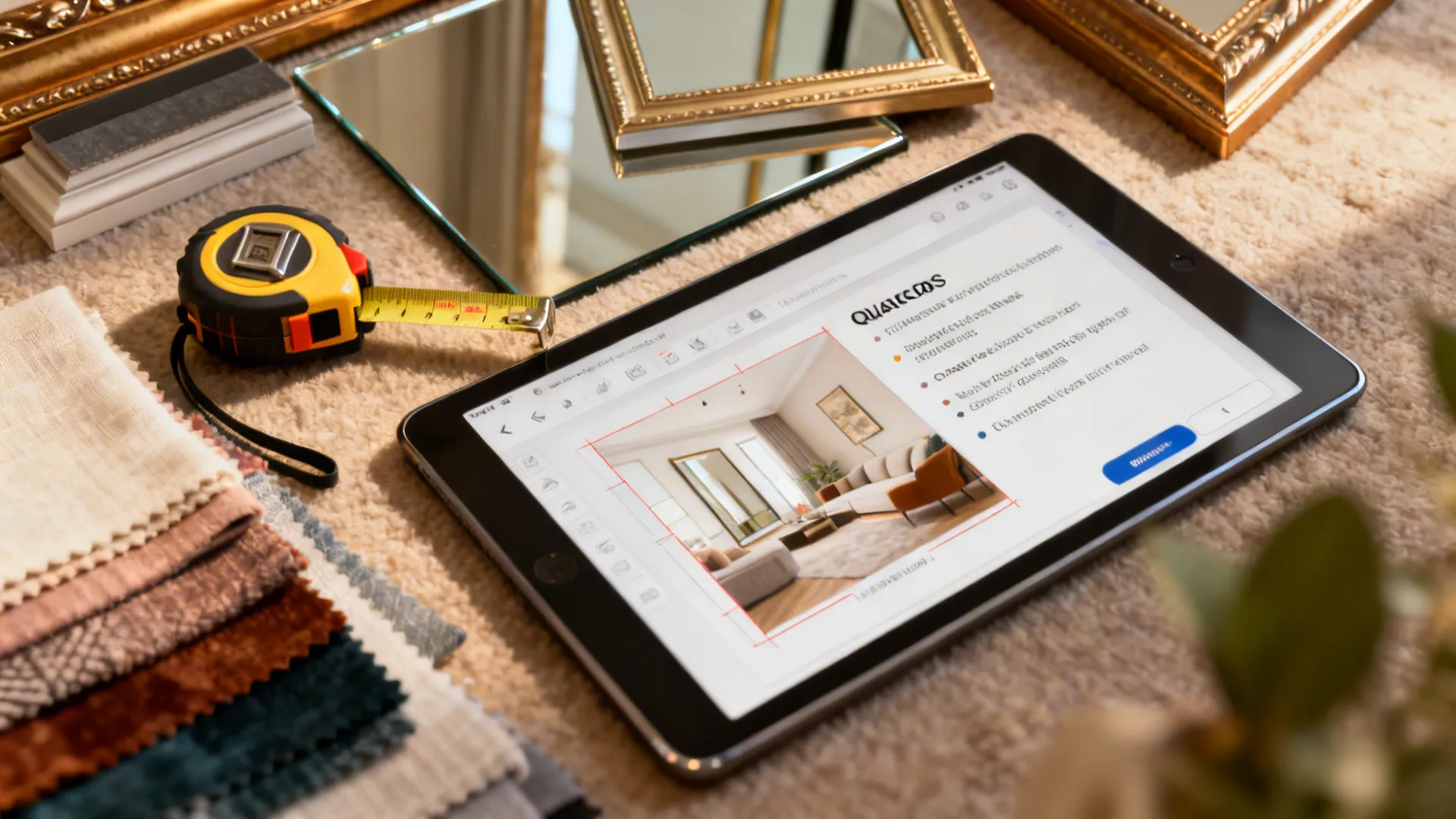 Vignette of measuring tape, frame samples and a room planner tablet illustrating mirror sizing FAQs.
