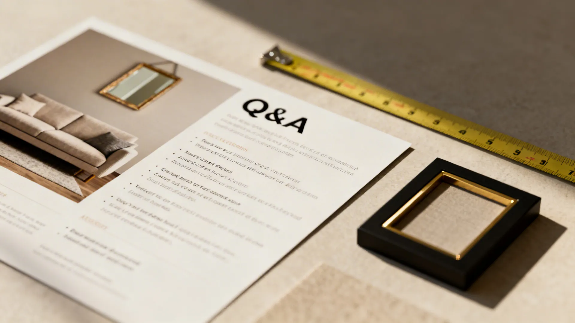Vignette showing a sofa with a mirror above it, a tape measure and frame samples illustrating sizing and frame choices.
