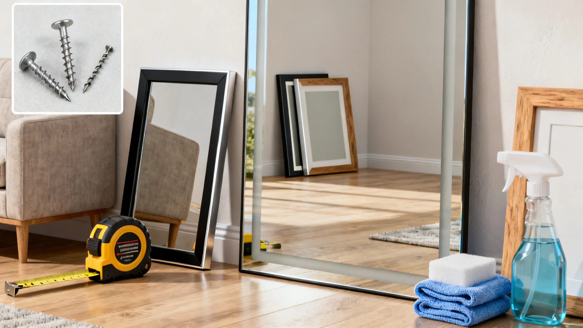 Vignettes showing measuring tape, wall anchor, cleaning supplies and frame samples for mirror FAQs