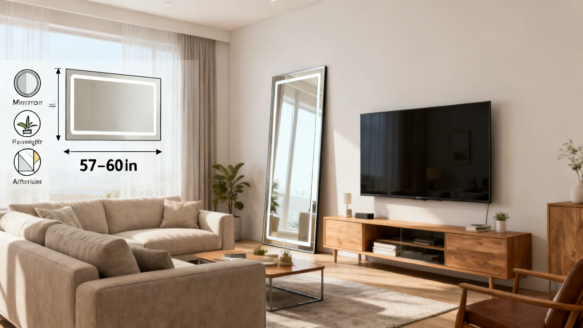 Modern living room layout showing mirror size guide with dimensions next to sofa and television