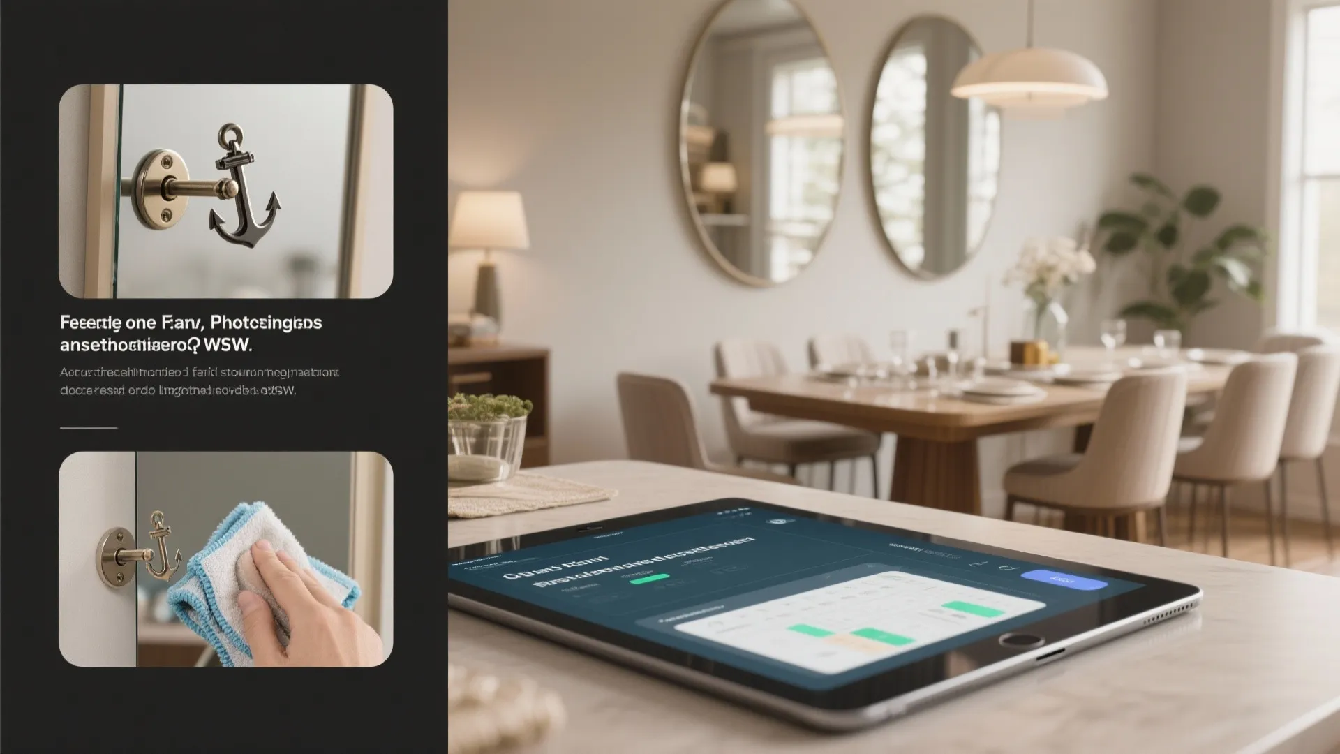 Visual FAQ showing mirror mounting hardware, cleaning tools, removable panels, and a tablet with layout mockup