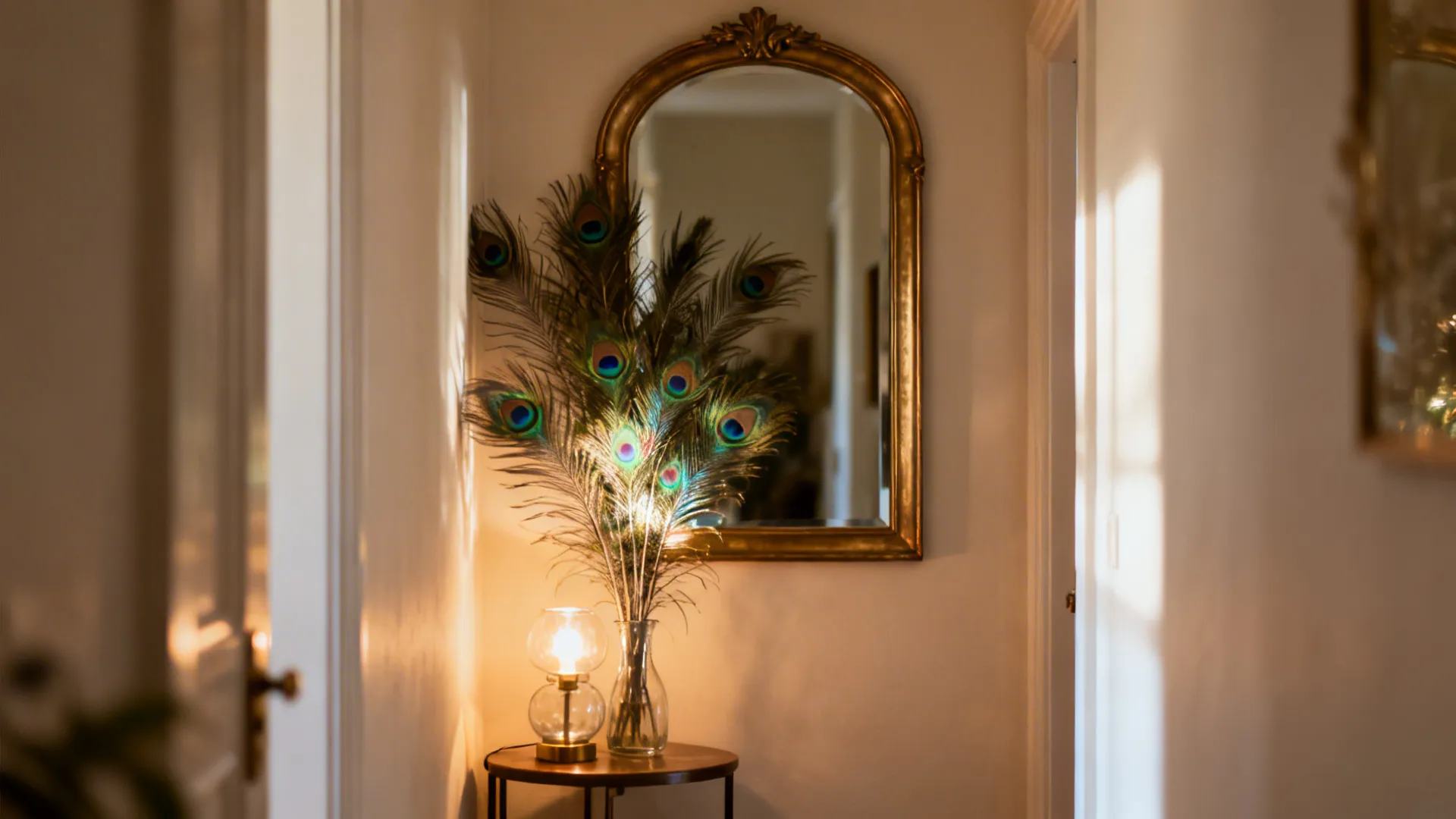 Slim mirror and a small glass lamp reflect peacock feathers in a tidy hallway vignette.